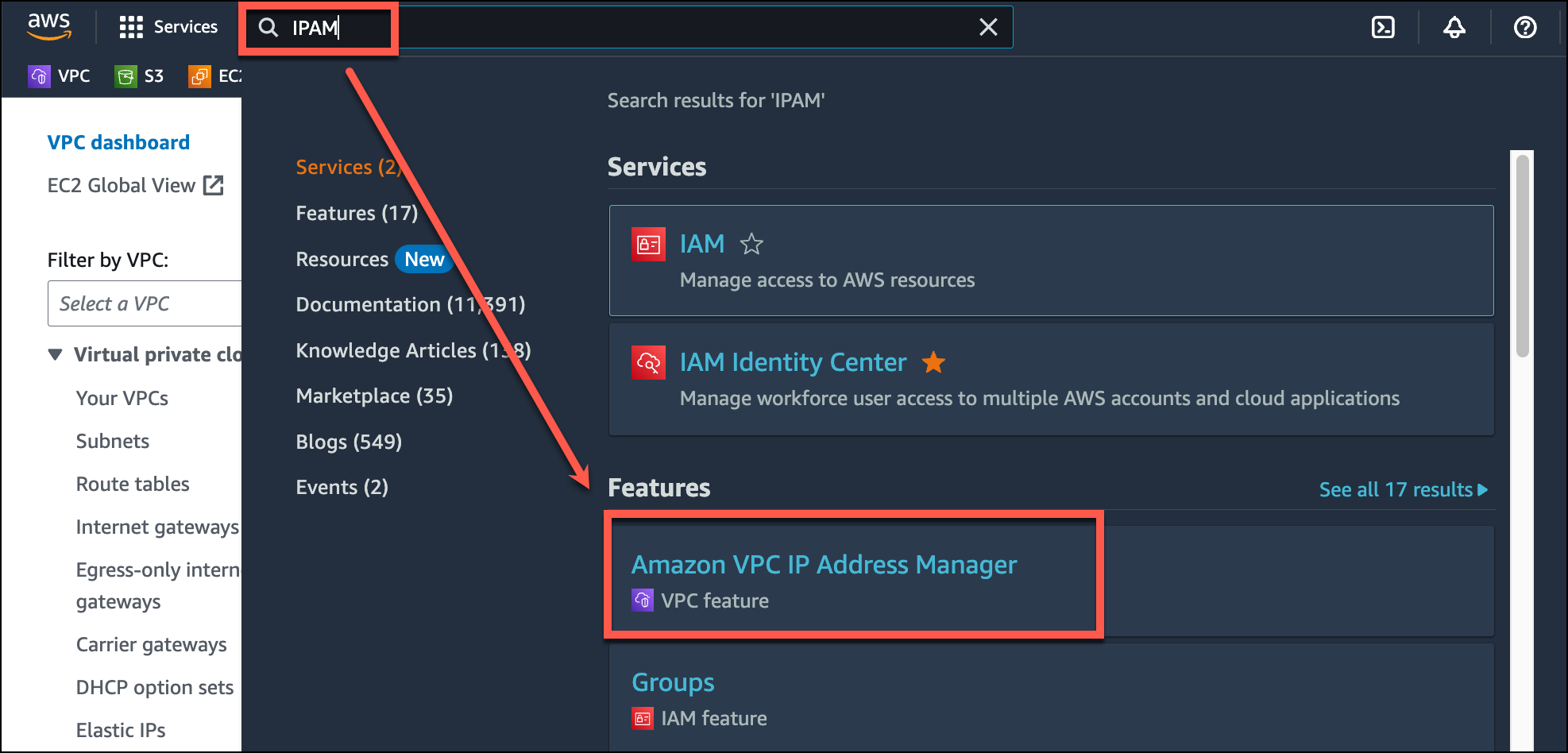 在 AWS 主控台搜尋 Amazon VPC IP Address Manager