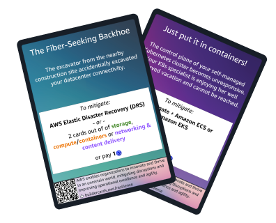 In AWS BuilderCards Resilience Expansion, your group will face chaos events at the end of each round. You have to communicate and help each other with your individual superpowers! The more you advance in the game, the harder it gets to mitigate the chaos. Will you reach the end?