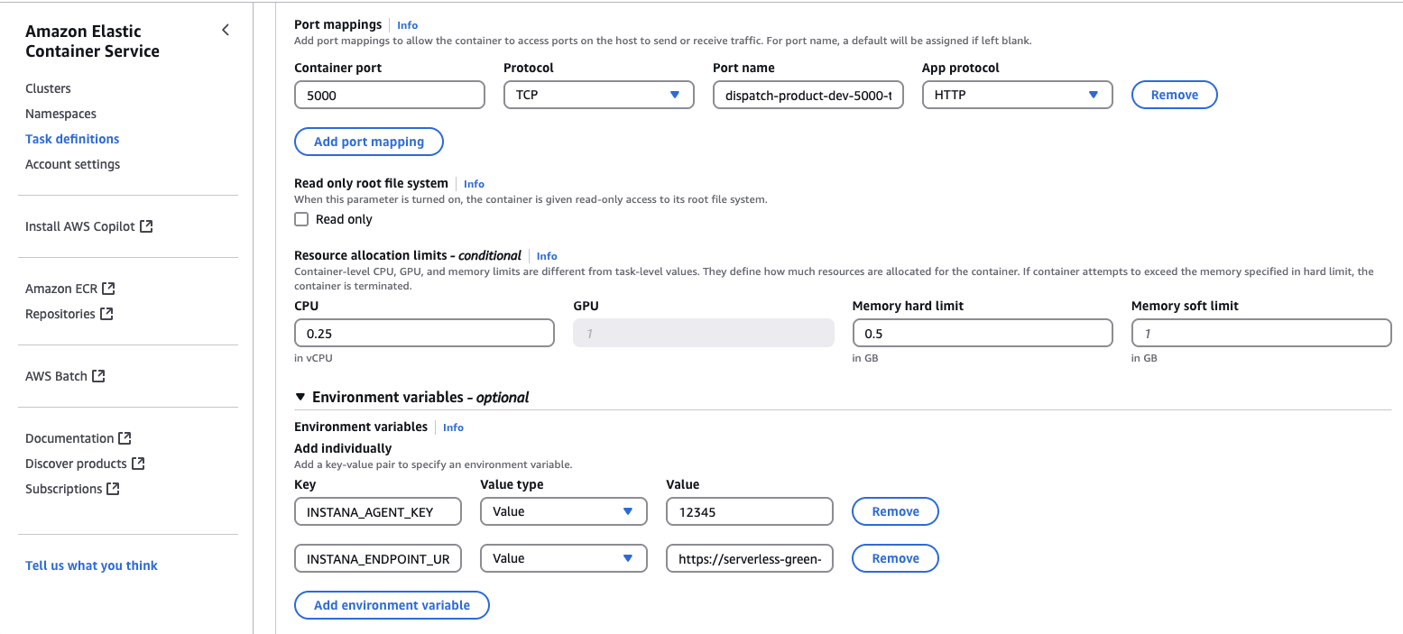 Configure Instana environment variables in ECS Configure Instana environment variables in ECS