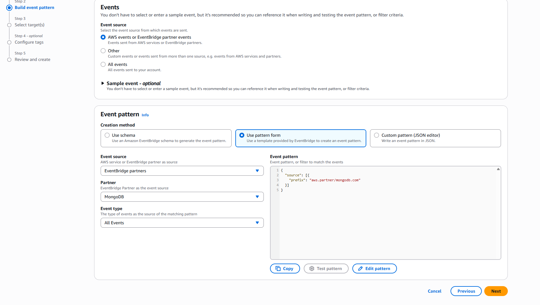 Select EventBridge partners under Source and look for MongoDB in the Partner drop down
