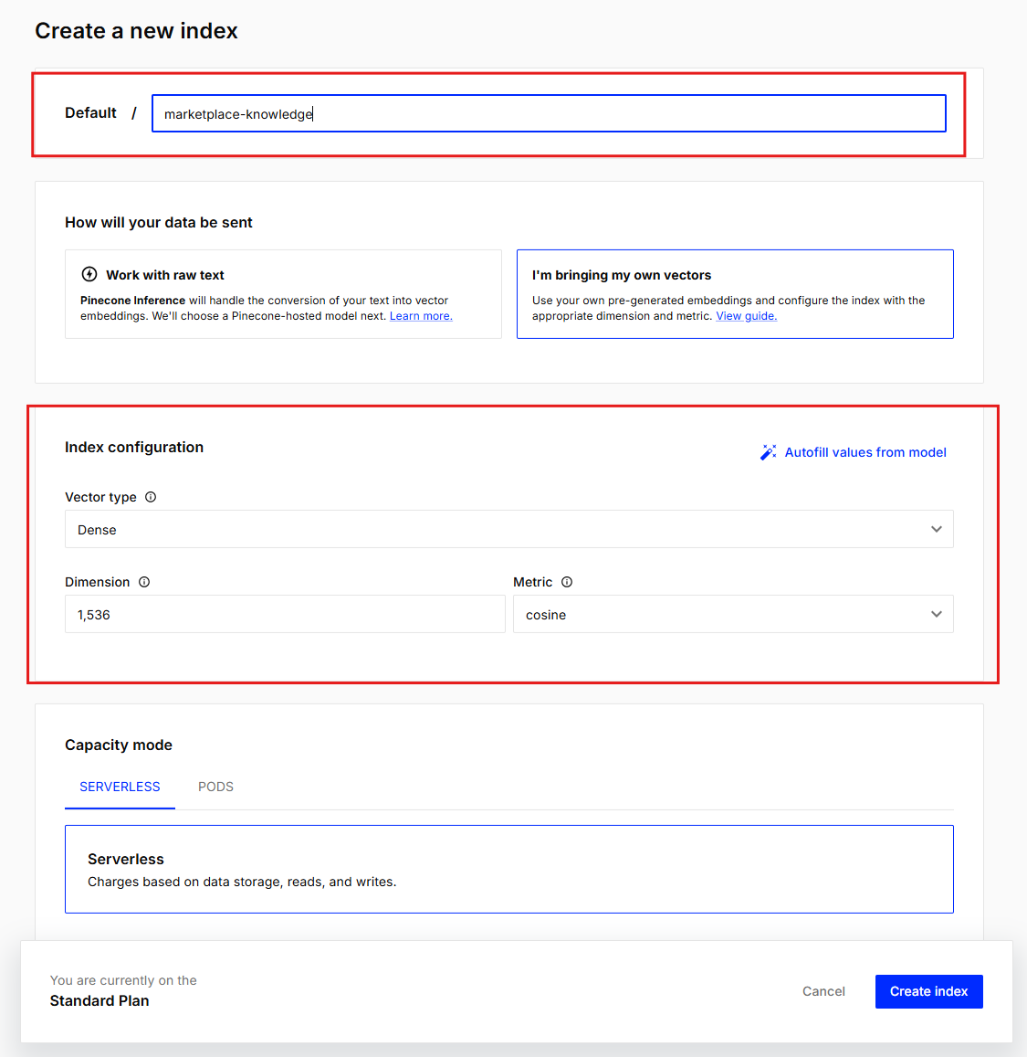 Pinecone - Create a new index