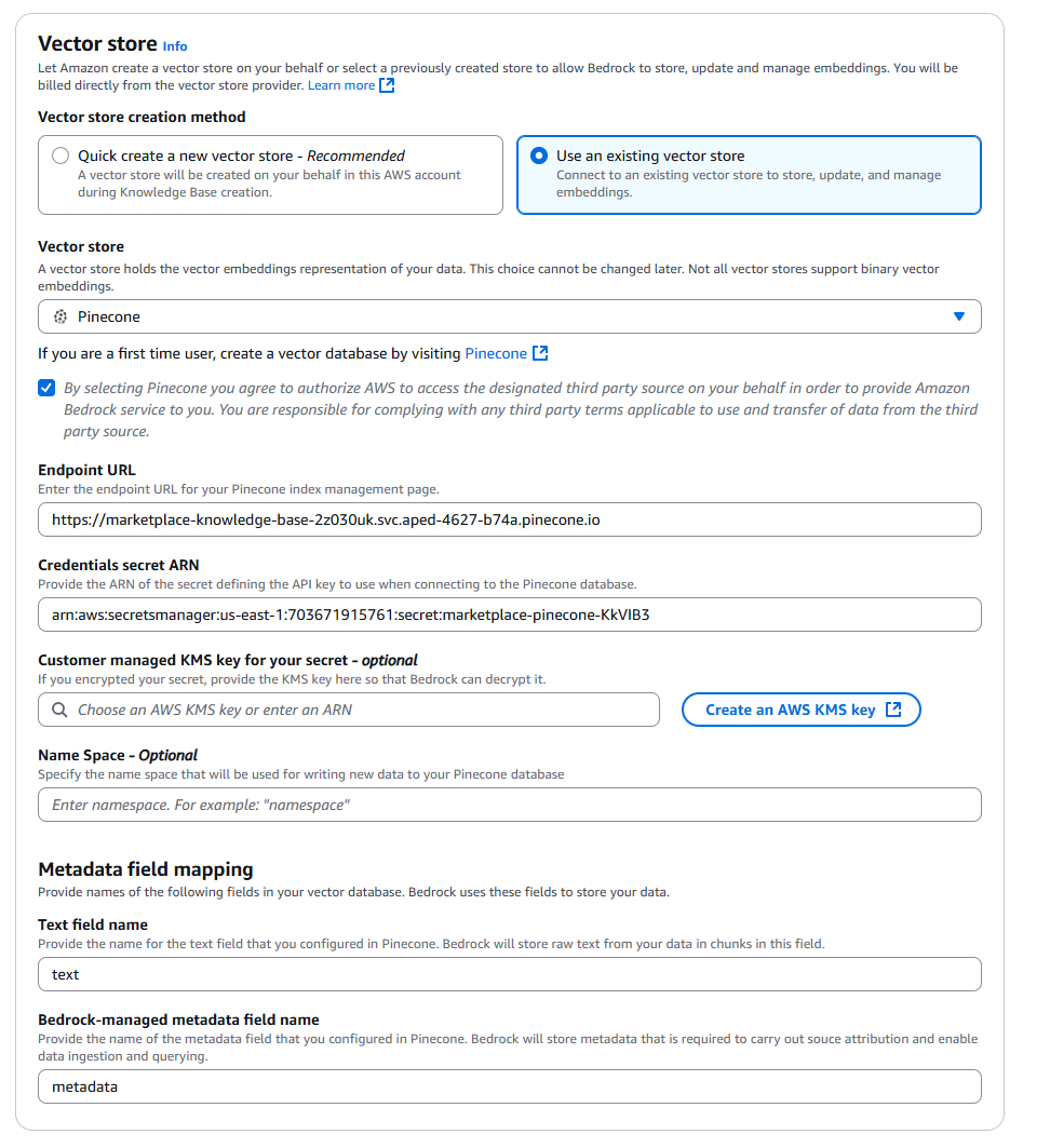 Configure your Pinecone index in your Vector store setting