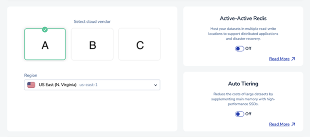 Getting started with Redis Cloud on AWS Marketplace: select cloud vendor.