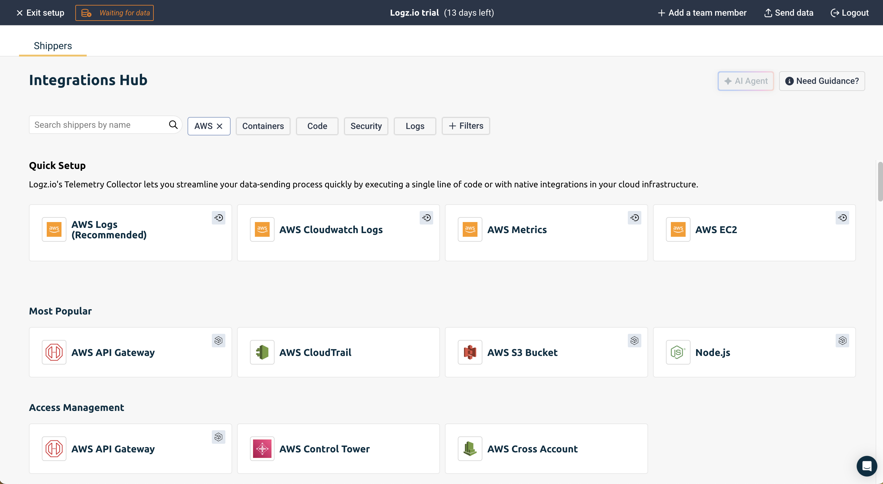 logz.io integrations hub