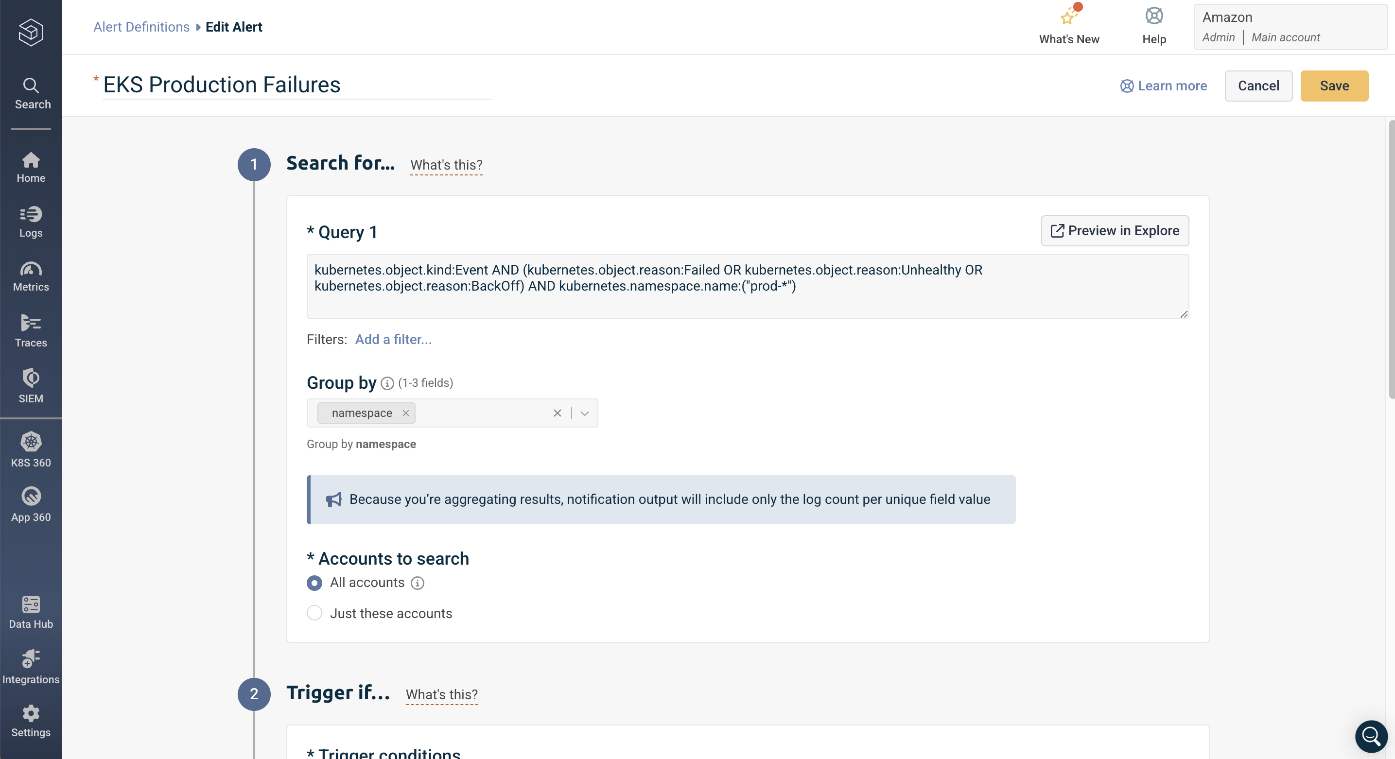 logz.io edit alert EKS production failures