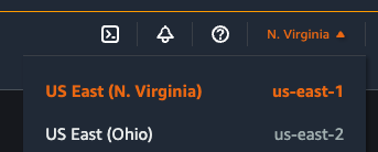 AWS Region selector dropdown, with US East (N. Virginia) selected.