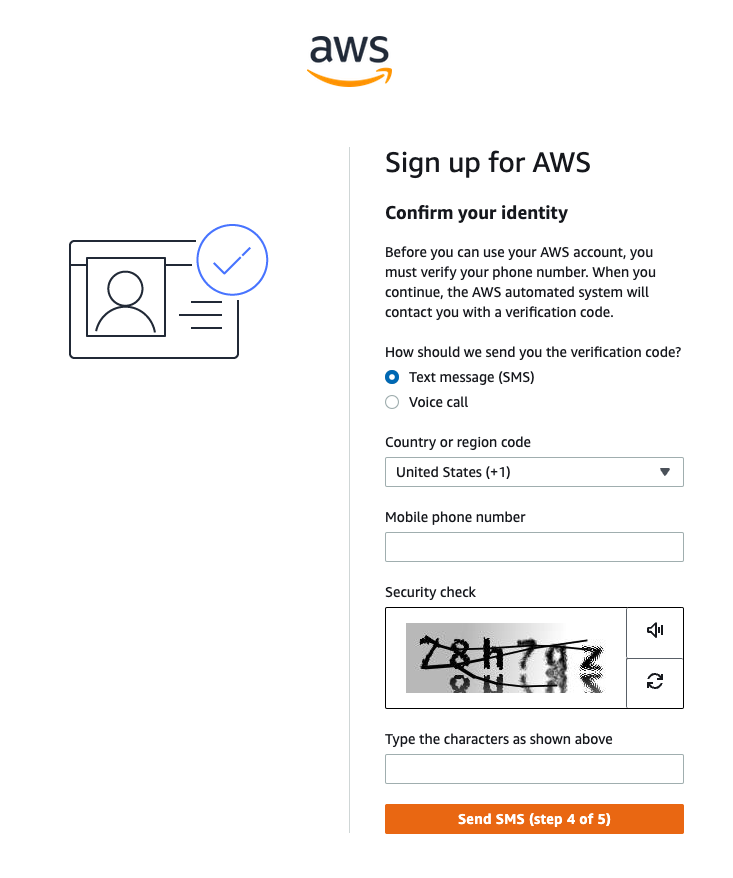 Halaman pendaftaran untuk akun AWS dengan opsi untuk memverifikasi identitas pemegang akun.