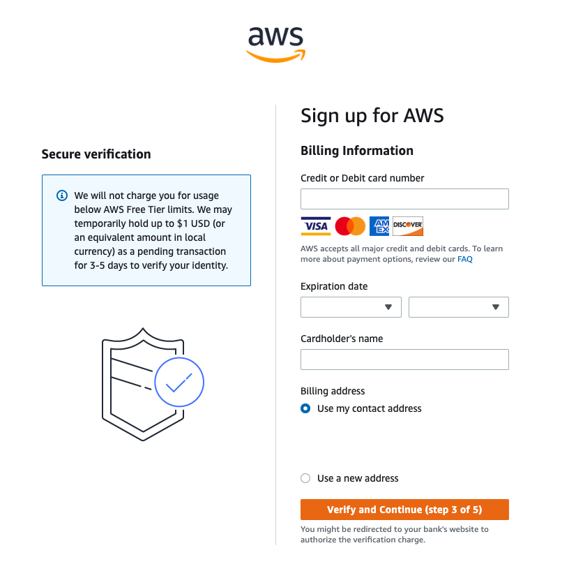 Halaman pendaftaran akun AWS, dengan bidang untuk memasukkan informasi penagihan.