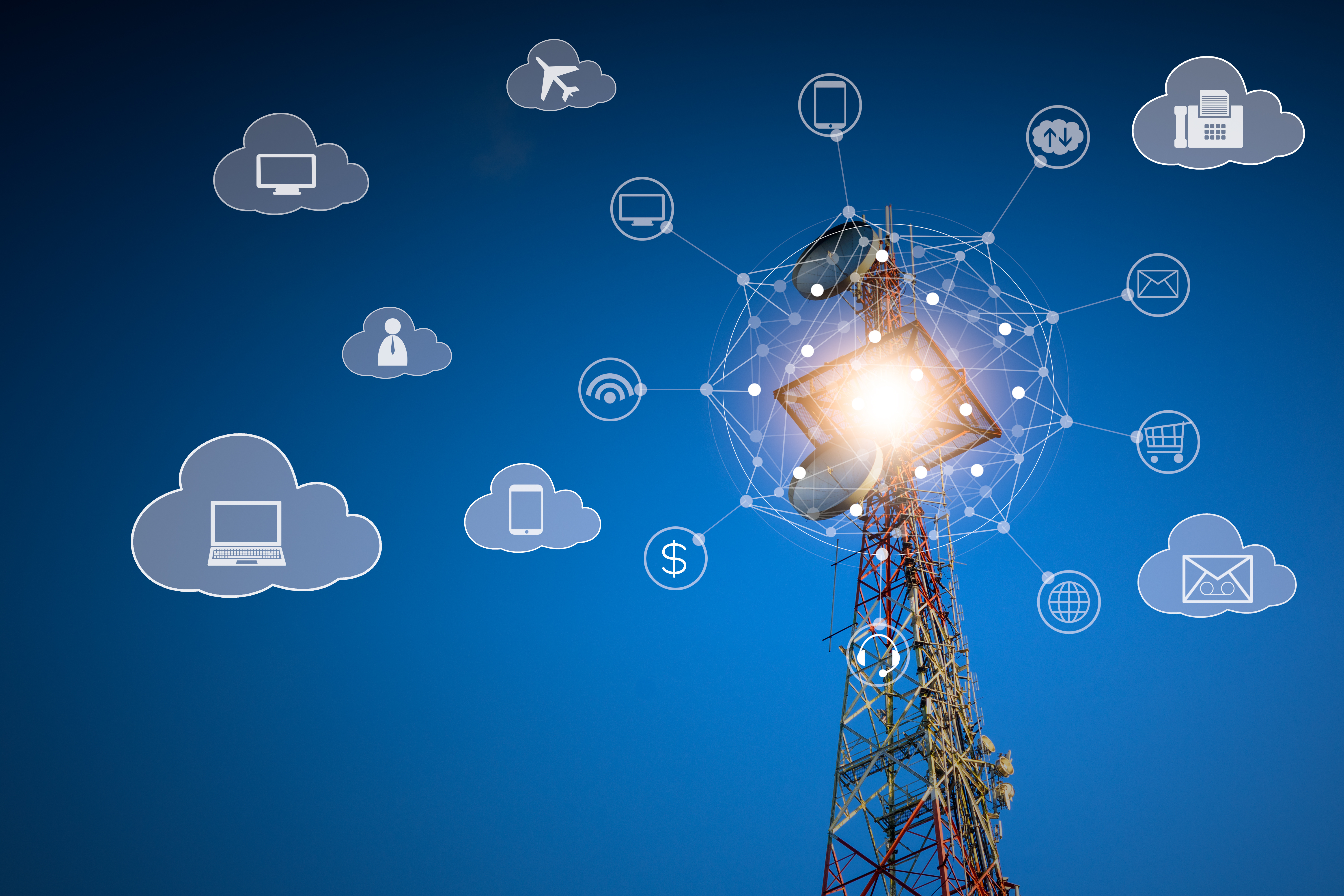 Telecommunications on cloud services, telecommunications tower with network connection and technology icon