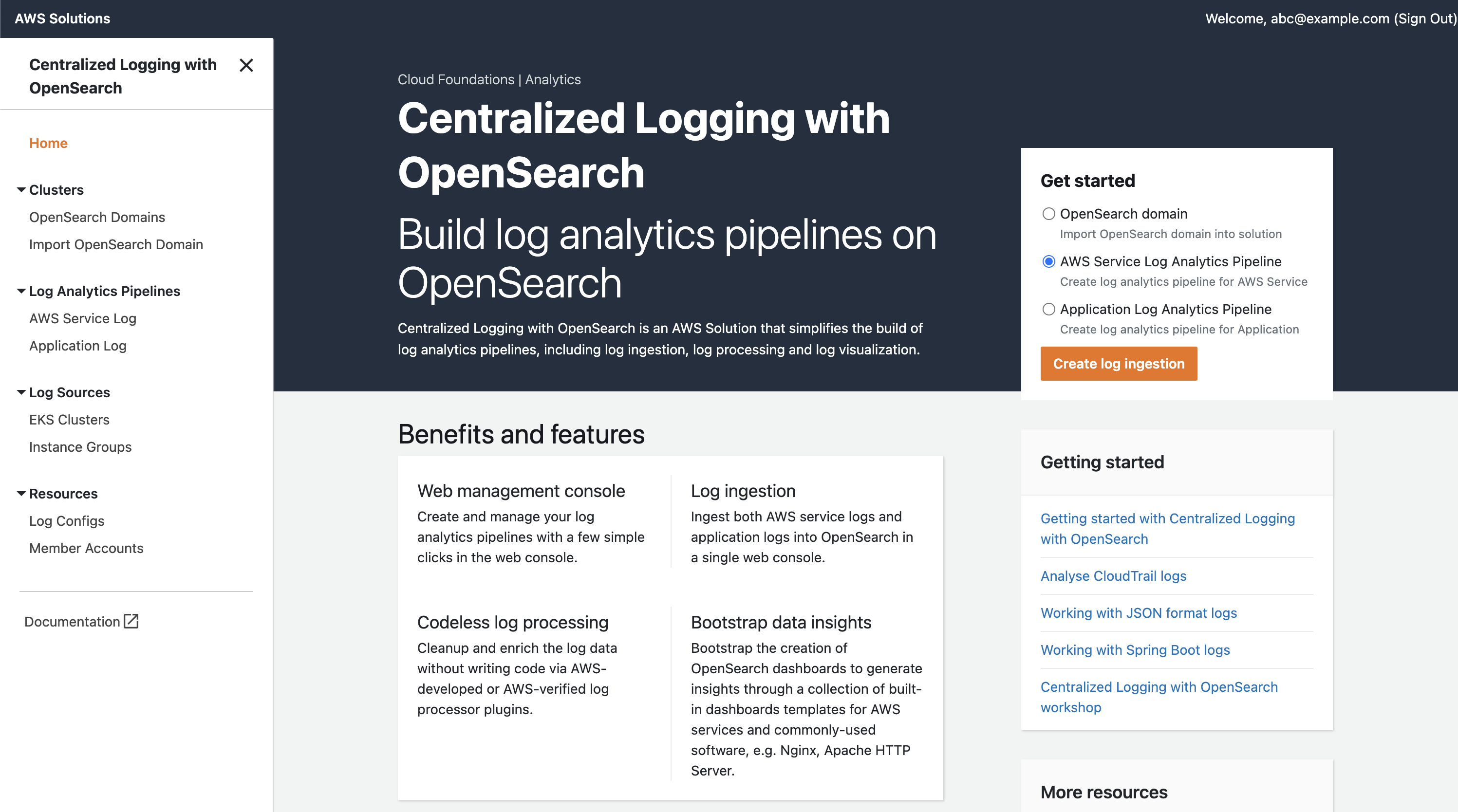 Centralized Logging with OpenSearch | Console da AWS