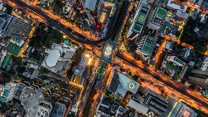 Bangkok City aerial view, Aerial view from above of skyscraper and traffic in Bangkok, Thailand.