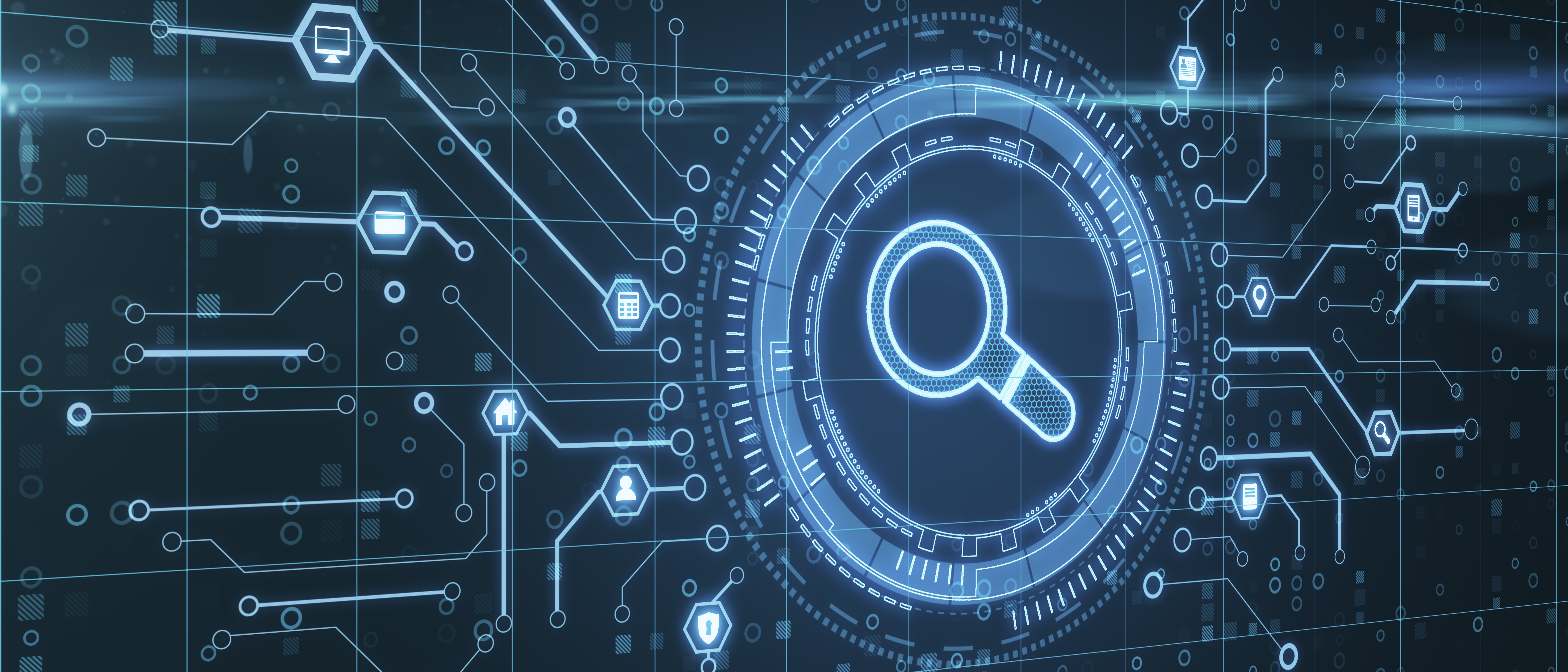 Perspective view on digital glowing magnifier in technological circle surrounded by microcircuit lines, global search concept