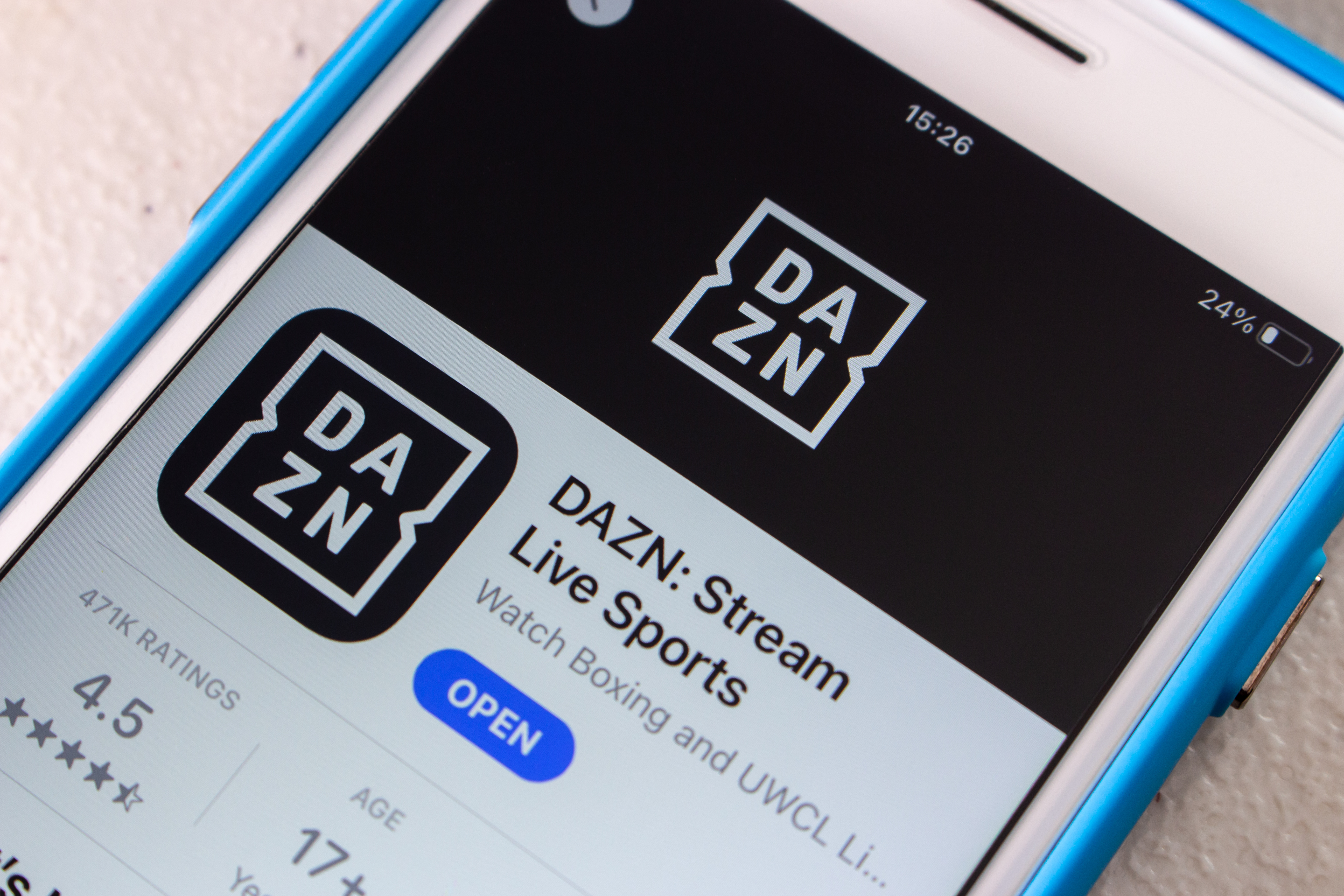 Kumamoto, JAPAN - Jan 24 2022 : Closeup logo of DAZN, a international over-the-top sports (OTT) subscription video streaming service available in more than 200 countries, in App Store on iPhone.