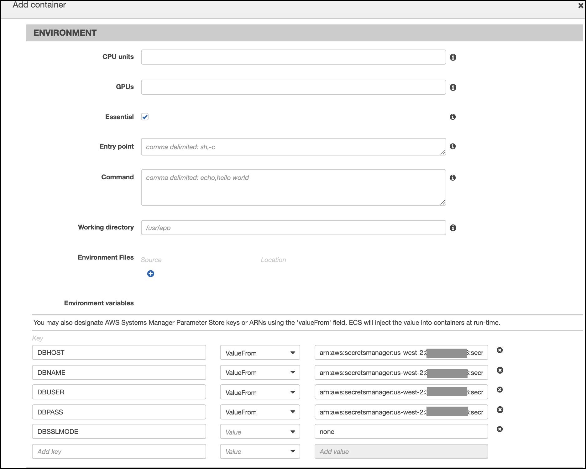 ECS add environment variables