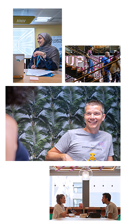 A collage featuring images of AWS workers in different office settings.