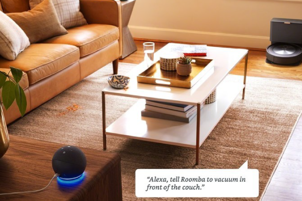 Roomba and Alexa communicating in a living room