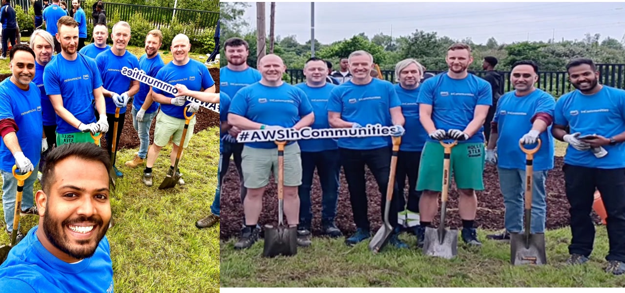 A group of Amazon employees while volunteering together outside, carrying gardening tools and working to plant trees, wearing blue Amazon T-shirts. 