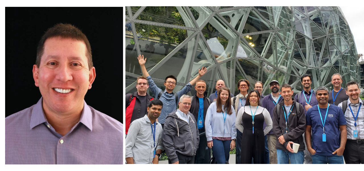 Left: Joe Palomina, senior solutions architect manager at AWS. Right: Solutions architects from the AWS Healthcare and Life Sciences org pose for a team photo in front of the Amazon Spheres building in downtown Seattle.