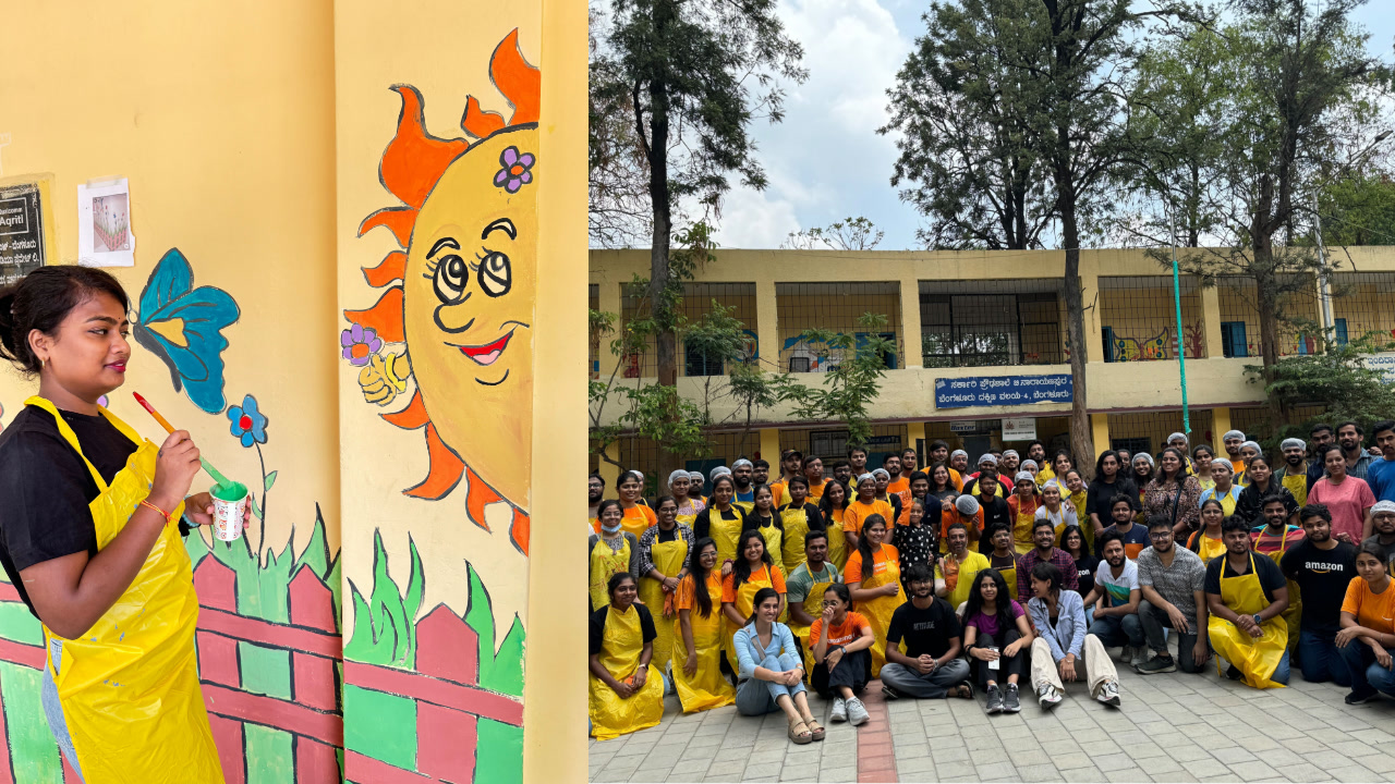 A photograph showing painting work being carried out at a school building in India. The image may depicts a female worker painting walls, and there is another image to the right that depicts a group of volunteers posing in front of the school after completing work.