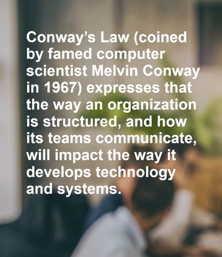 A Lei de Conway (cunhada pelo famoso cientista da computação Melvin Conway em 1967) expressa que a forma como uma organização é estruturada e como suas equipes se comunicam afetarão a maneira como ela desenvolve tecnologia e sistemas.