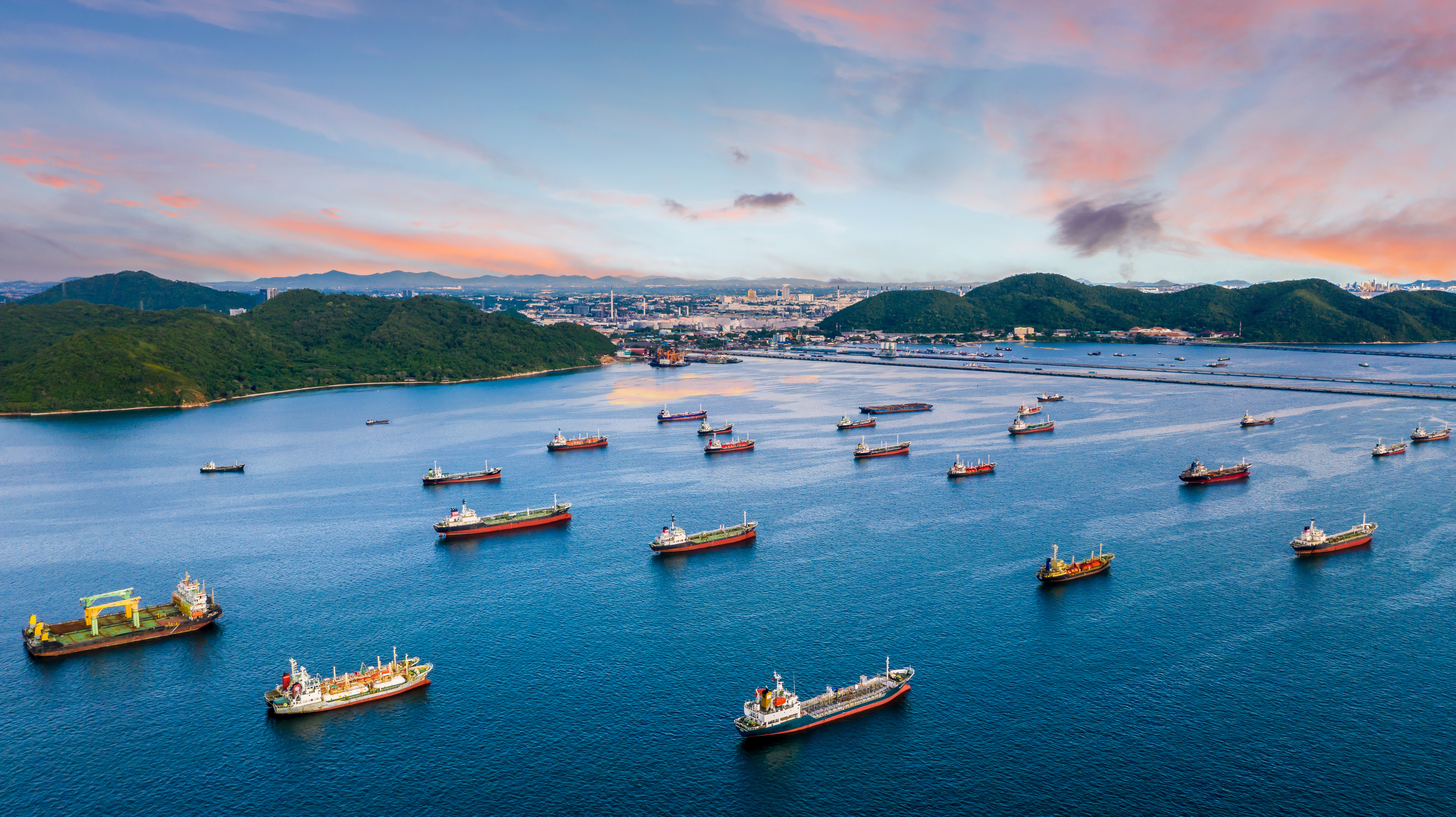 Oil tanker and LPG tanker parking at sea oil port terminal, Aerial view oil and gas petrochemical tanker offshore in open sea, Refinery industry cargo ship.