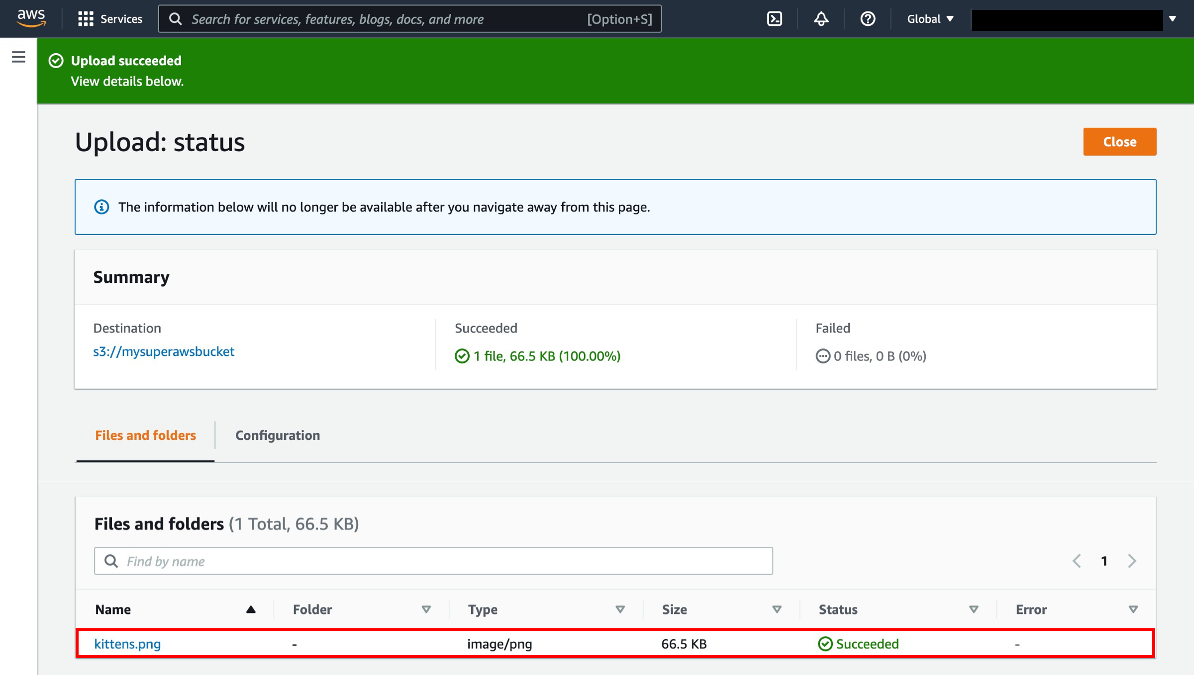 Rivedi le configurazioni e seleziona Upload (Carica)