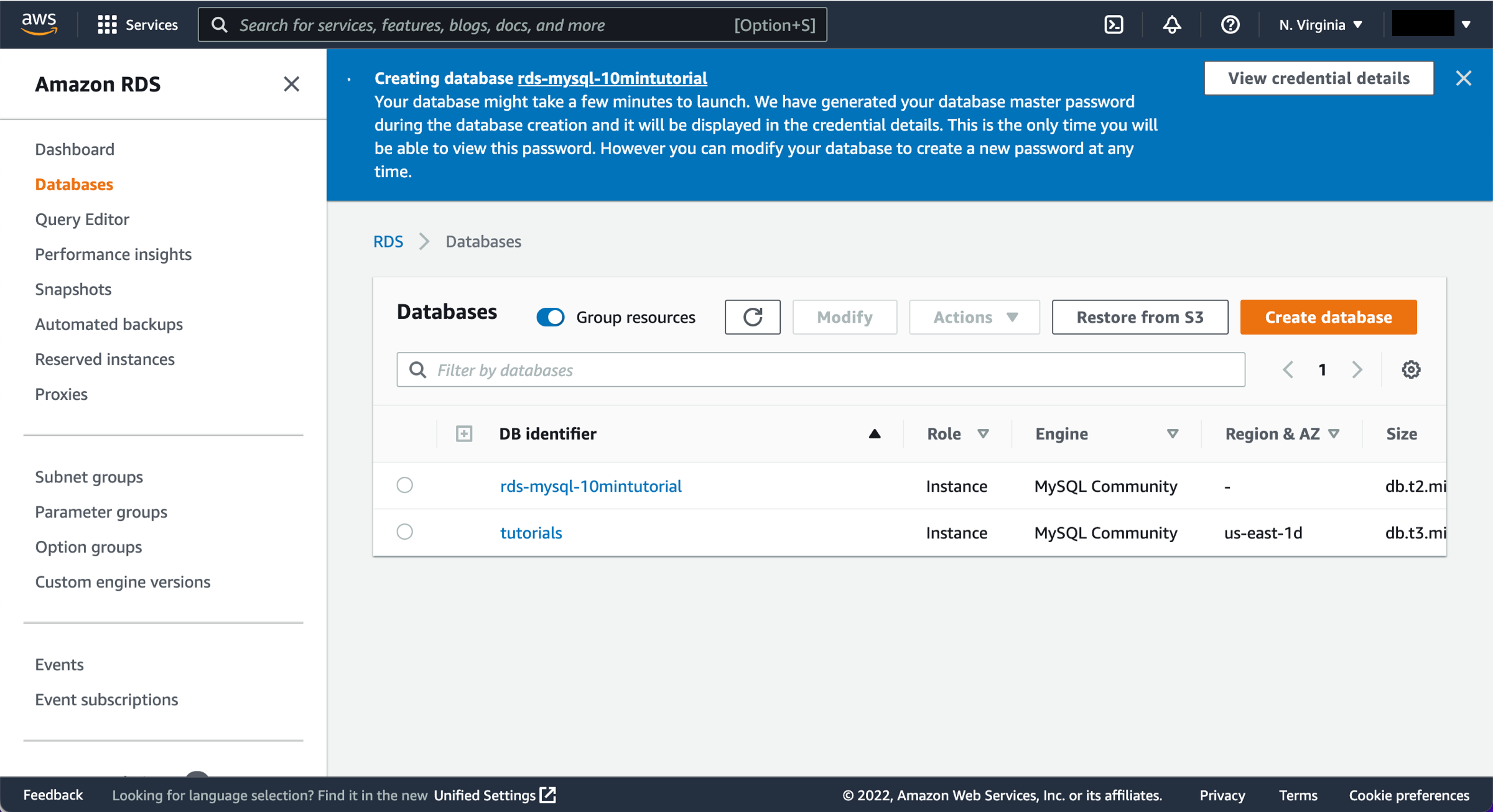 L'istanza database &egrave; in fase di creazione.