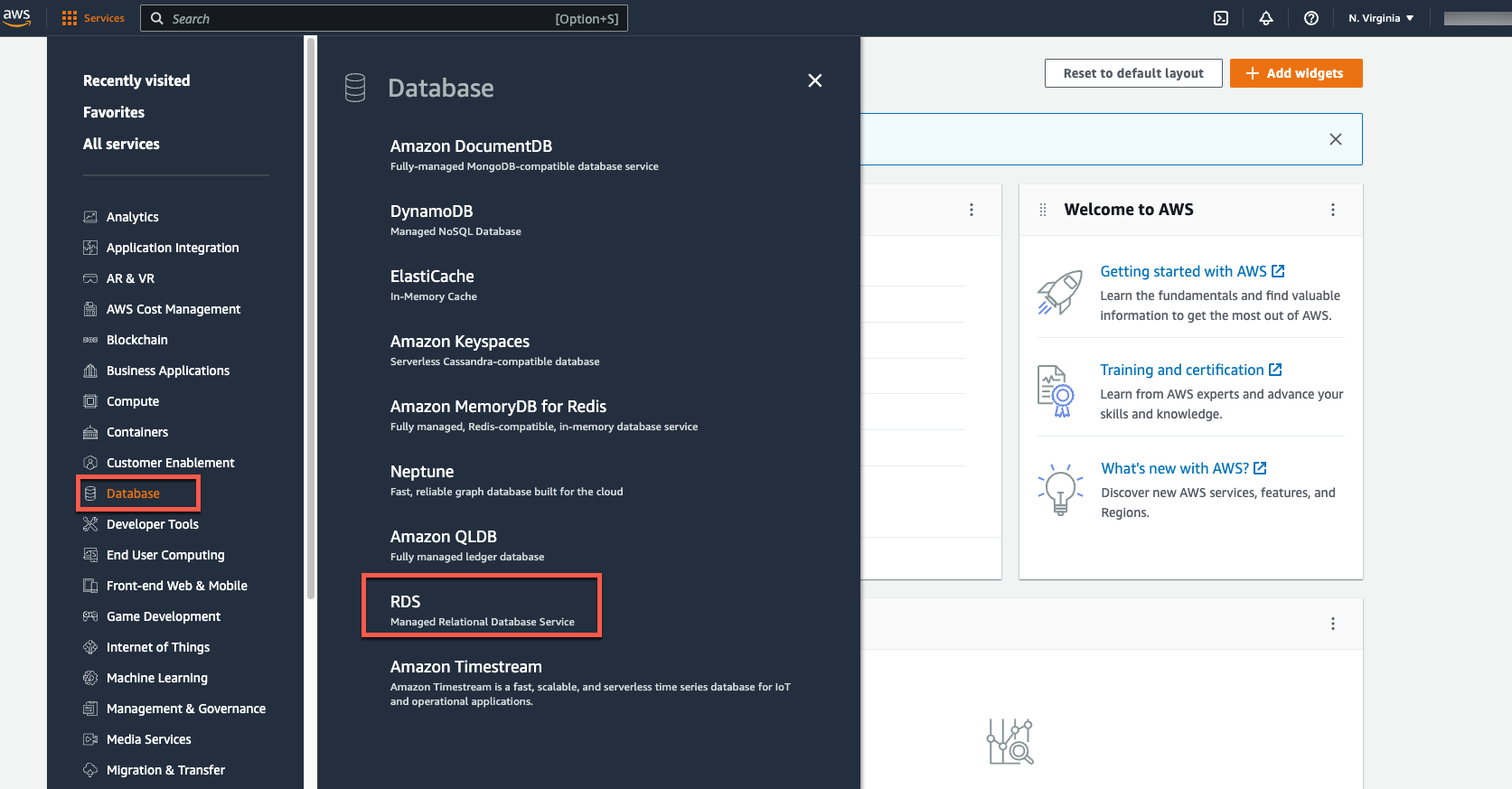 Selecione o RDS no Console de Gerenciamento da AWS