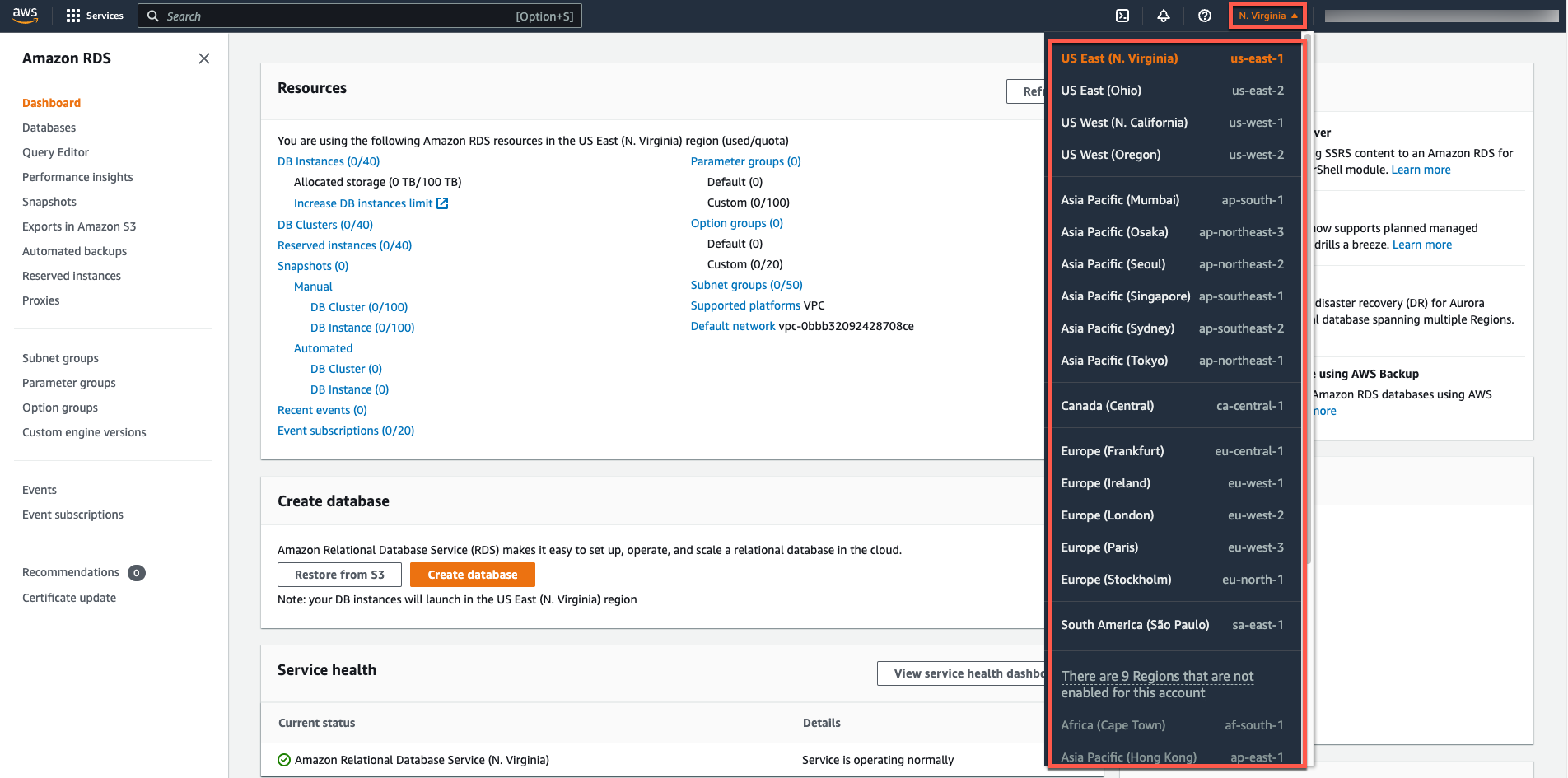 Select the Region in which you want to create the DB instance