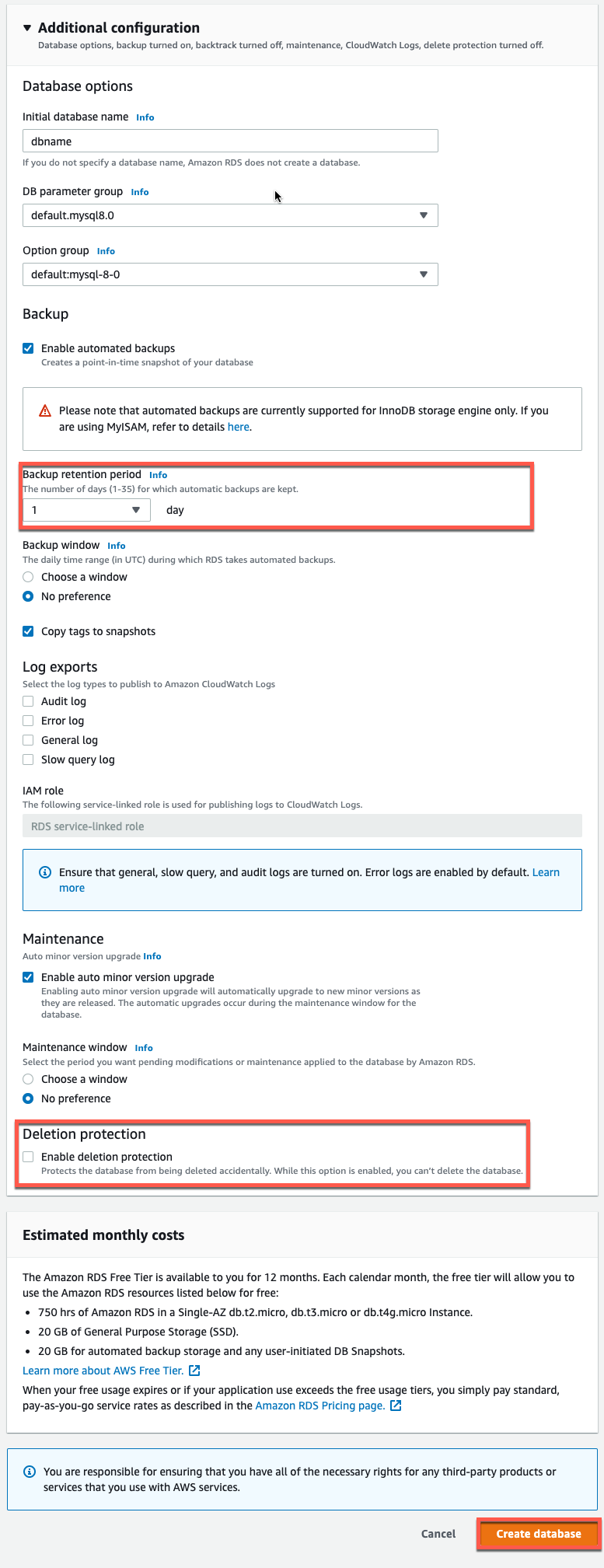 Vista de las configuraciones adicionales