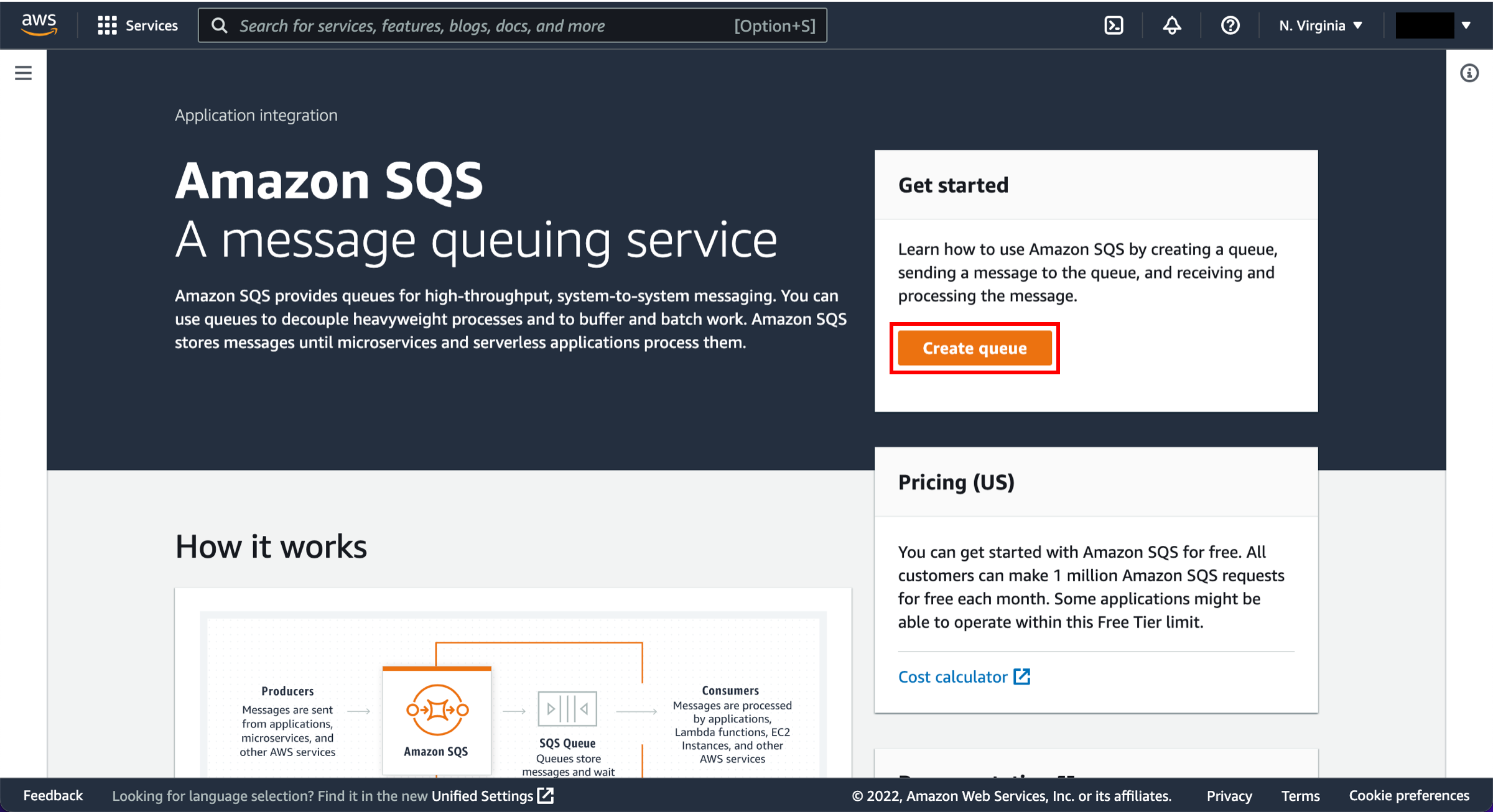 Amazon SQS landing page, with Create queue highlighted.