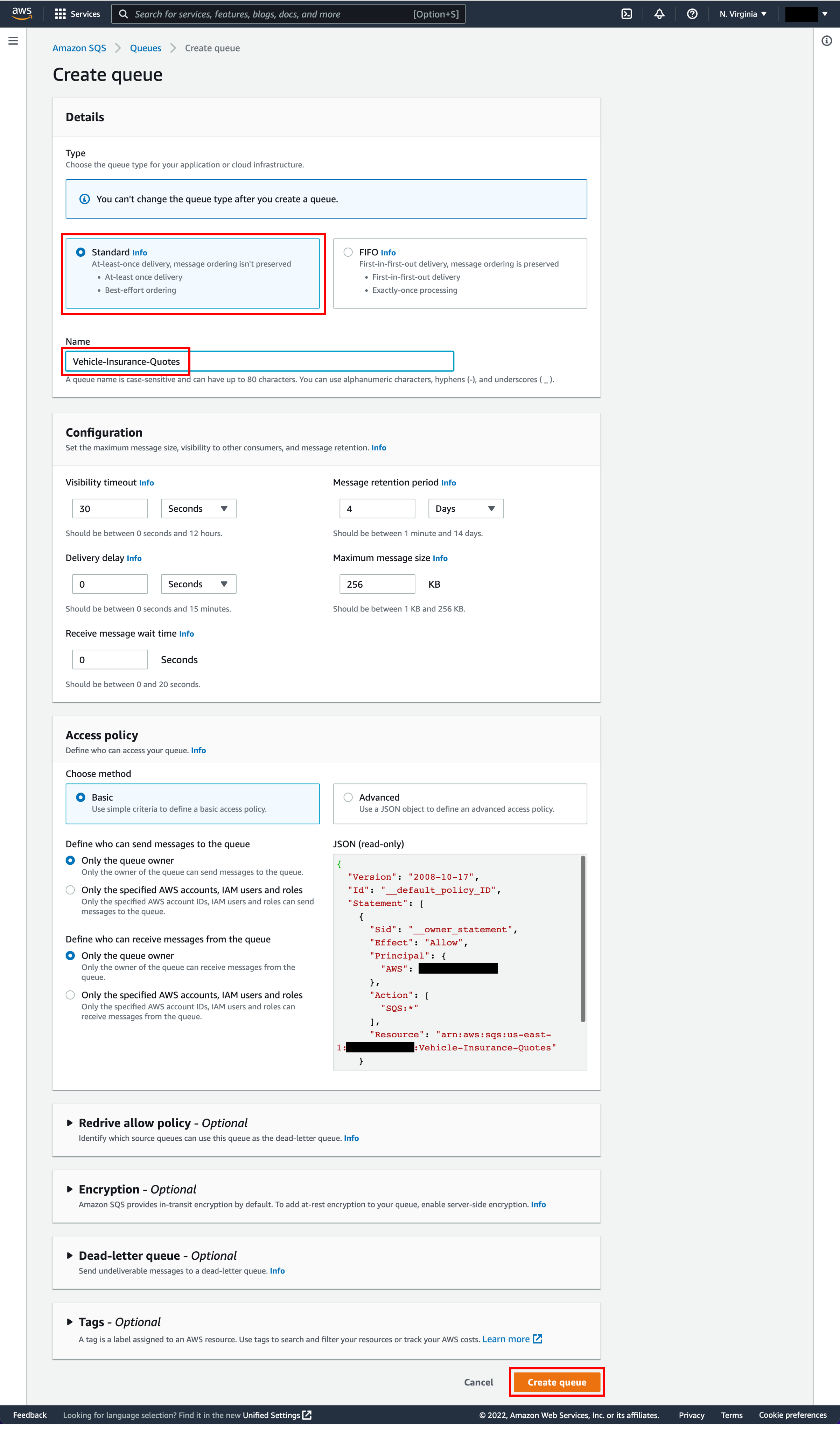 Create queue page, with Standard queue type, queue name, and Create queue button highlighted.