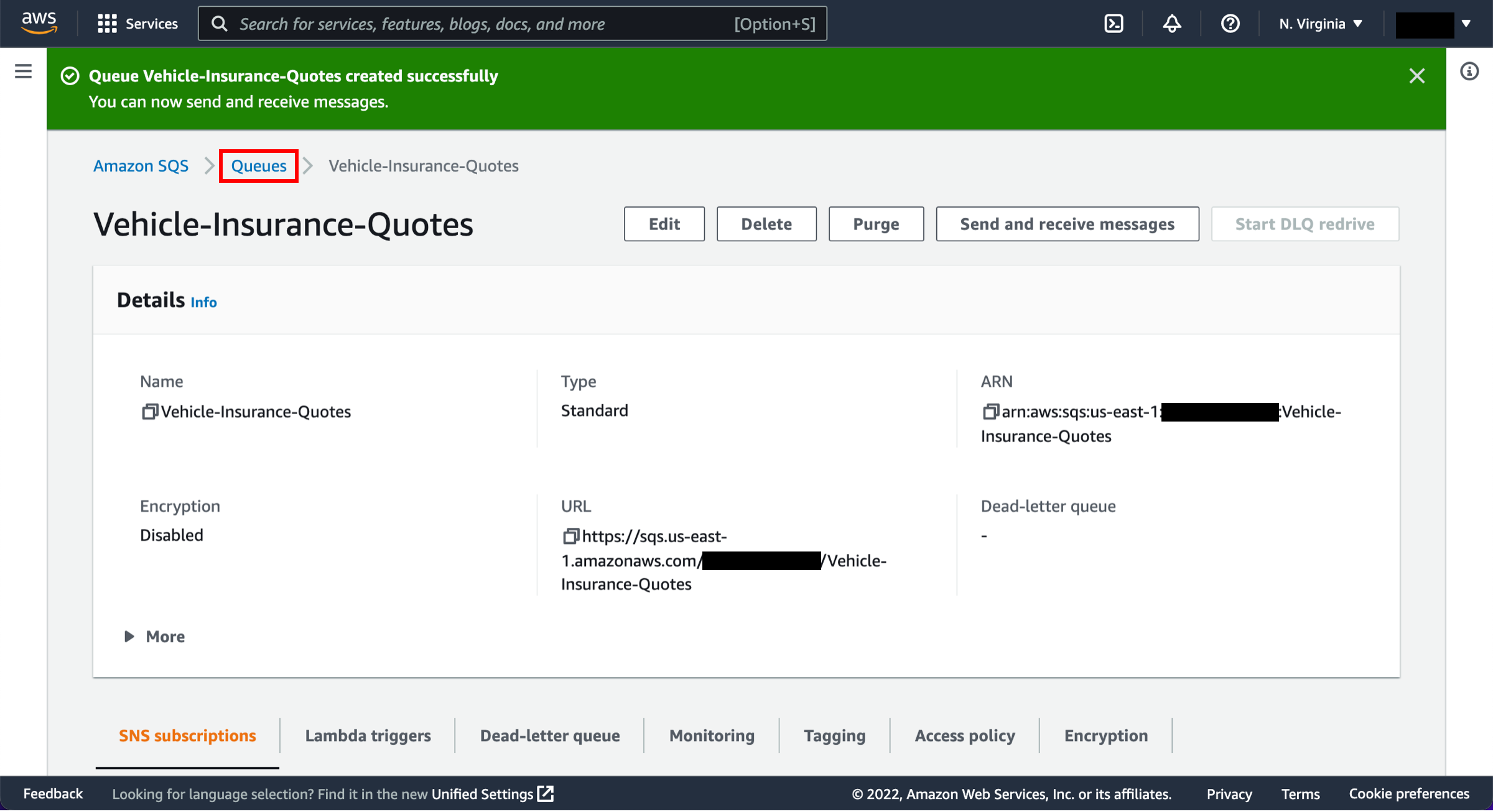 Seite &bdquo;Queues details&ldquo; (Warteschlangendetails), auf der &bdquo;Queues&ldquo; (Warteschlangen) in der oberen Navigationsliste hervorgehoben ist.