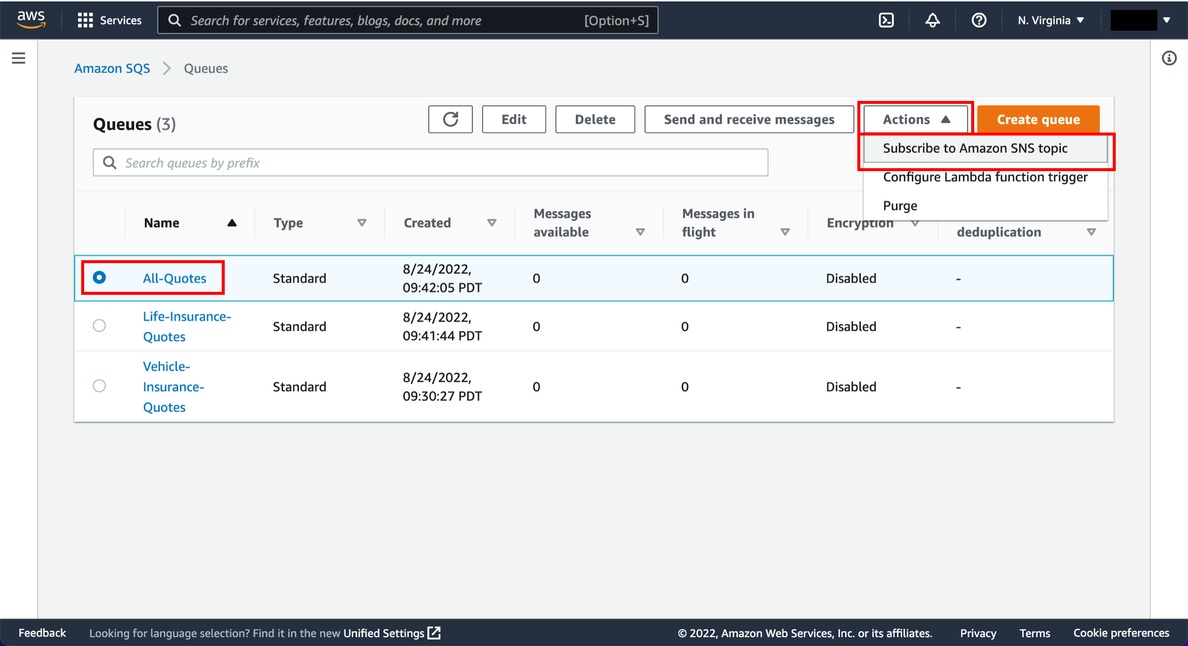 Pagina delle code SQS, con la coda Tutti-i-preventivi selezionata e Sottoscrivi a un argomento Amazon SNS selezionato dal menu a discesa Azioni.