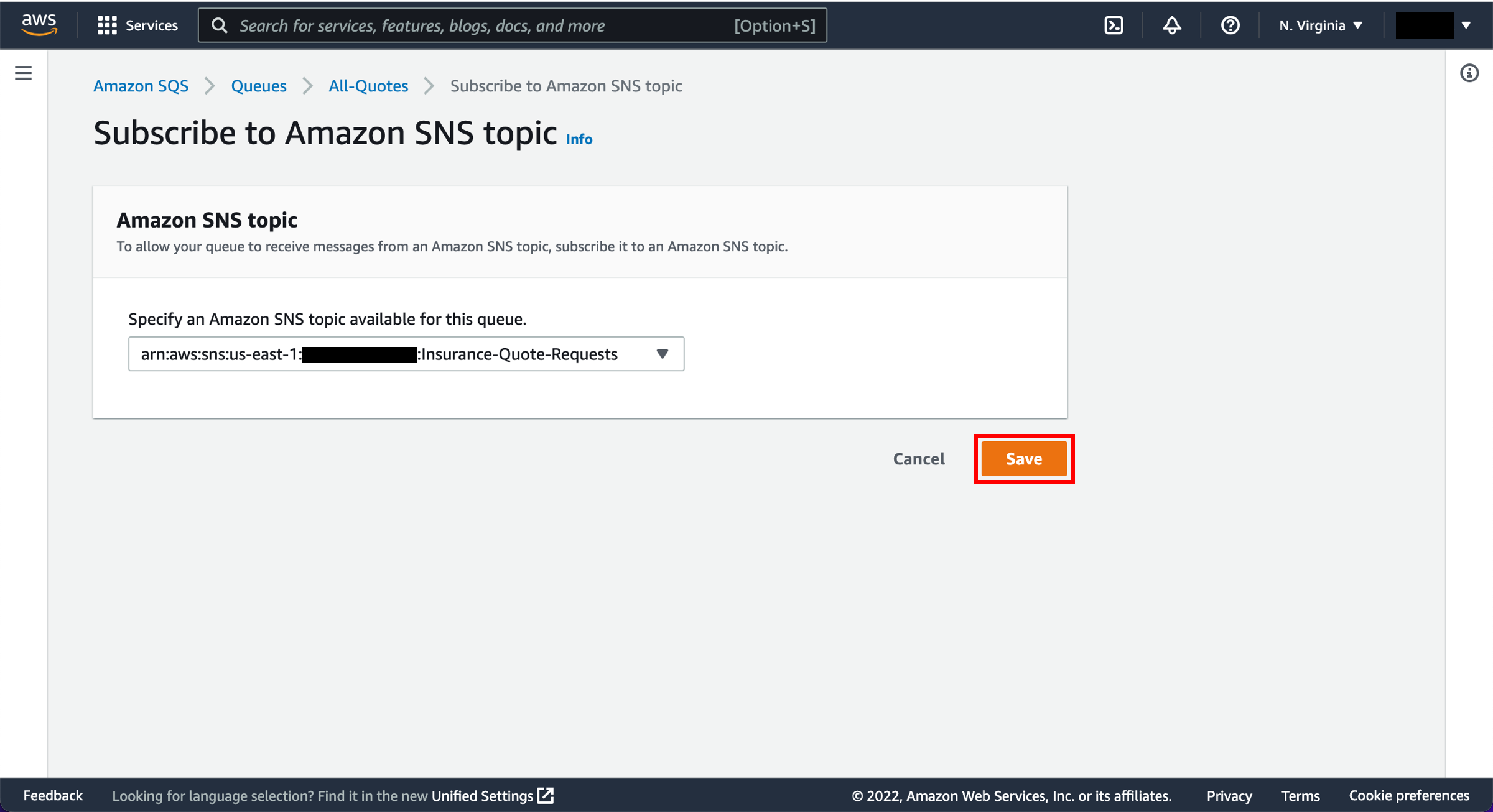 P&aacute;gina de Suscribir al tema de Amazon SNS, con el bot&oacute;n Guardar resaltado.