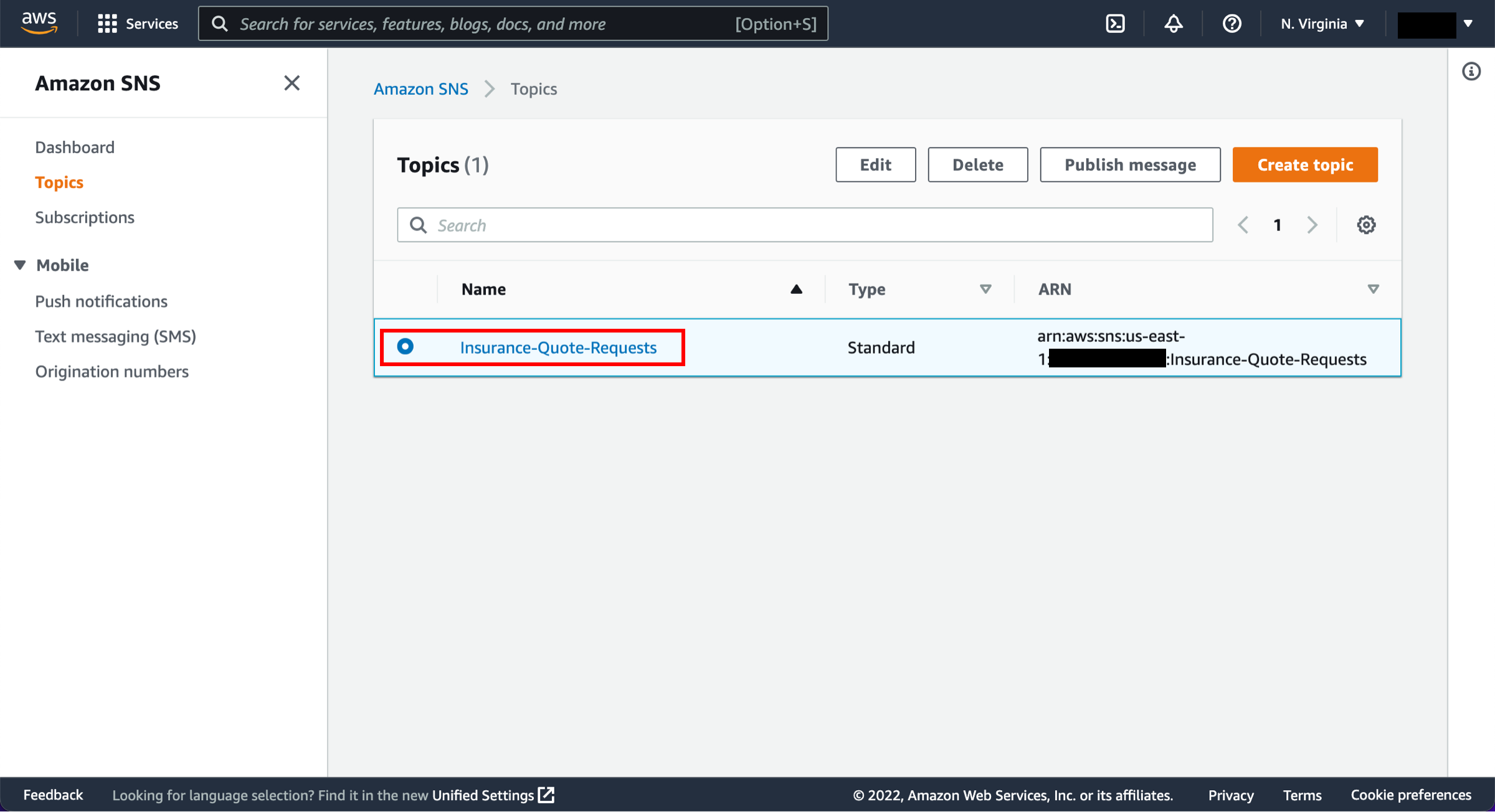Amazon SNS Topics page, with Insurance-Quote-Requests topic selected.