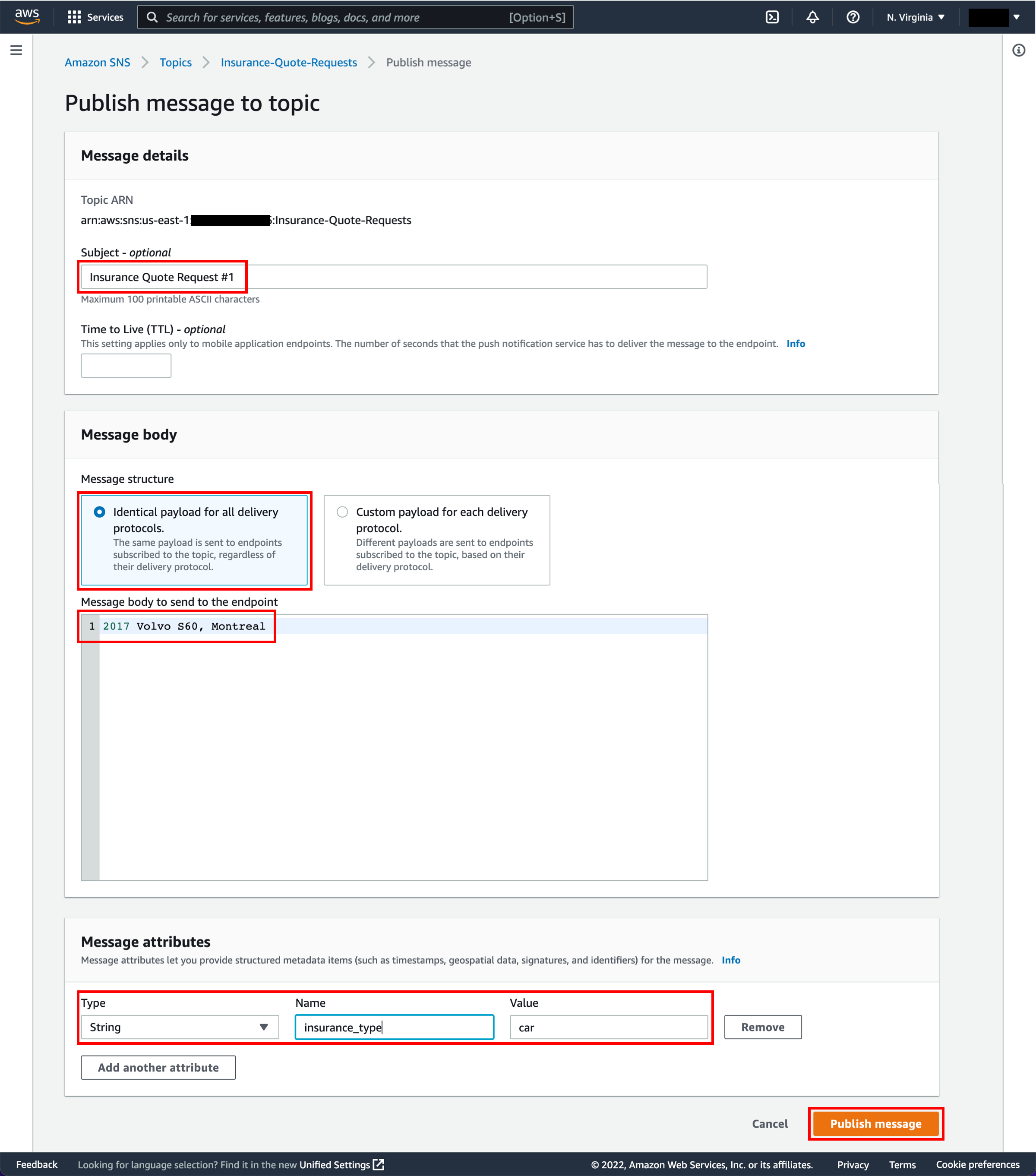 Ver&ouml;ffentlichen Sie die Nachricht auf der Themenseite, wobei Betreff, Nachrichtenstruktur, Nachrichtentext, der an den Endpunkt gesendet werden soll, Nachrichtenattribute und die Schaltfl&auml;che &bdquo;Publish message&ldquo; (Nachricht ver&ouml;ffentlichen) hervorgehoben sind.