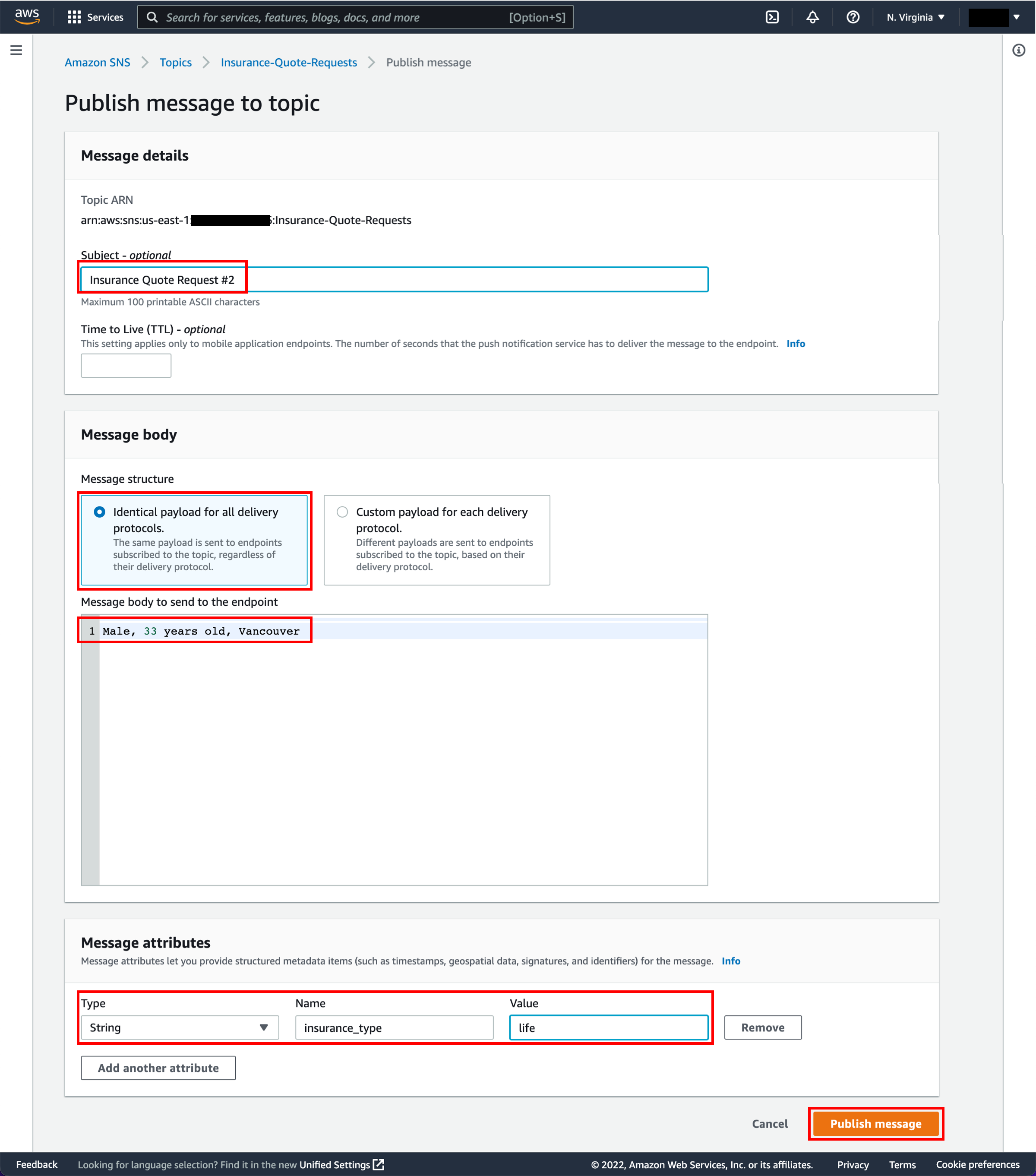 Ver&ouml;ffentlichen Sie die Nachricht auf der Themenseite, wobei Betreff, Nachrichtenstruktur, Nachrichtentext, der an den Endpunkt gesendet werden soll, Nachrichtenattribute und die Schaltfl&auml;che &bdquo;Publish message&ldquo; (Nachricht ver&ouml;ffentlichen) hervorgehoben sind.