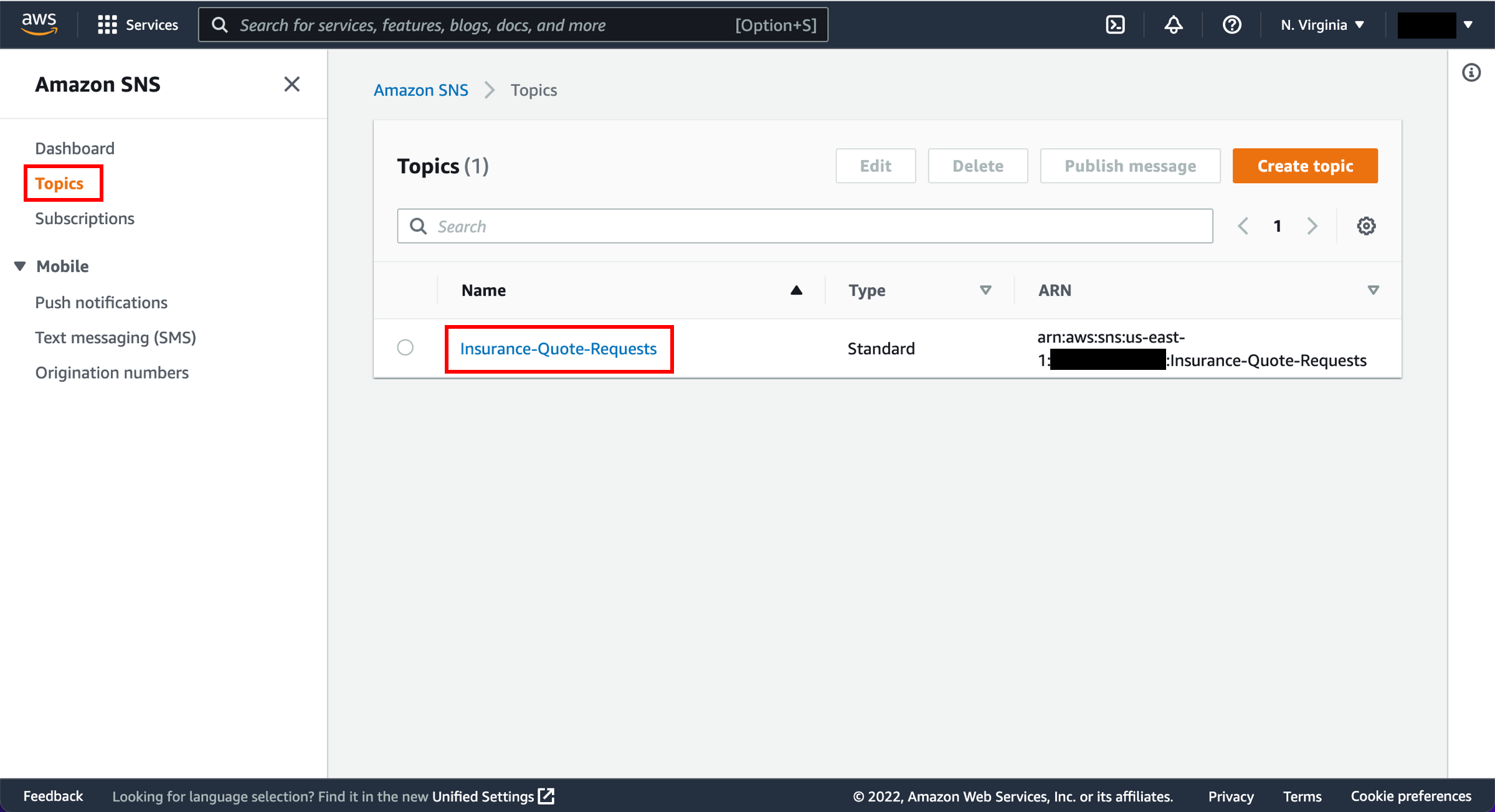 Amazon SNS Topics page, with Insurance-Quote-Requests topic selected.