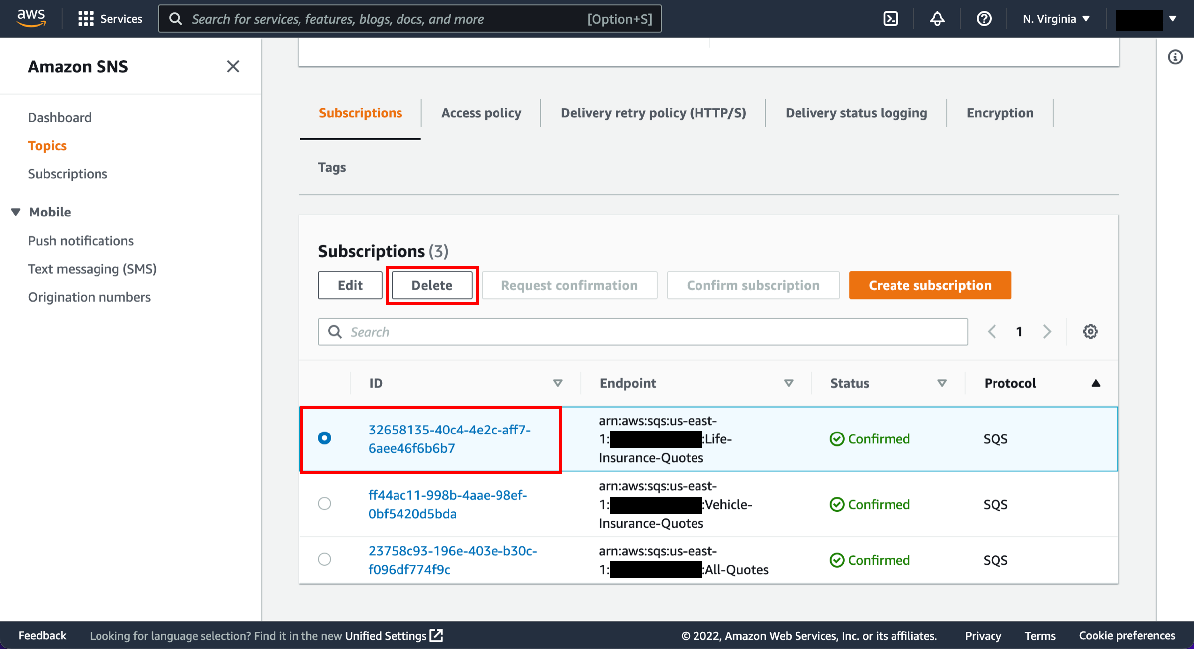 Abschnitt &bdquo;Subscriptions&ldquo; (Abonnements), in dem eine Abonnement-ID und die Schaltfl&auml;che &bdquo;Delete&ldquo; (L&ouml;schen) hervorgehoben sind.