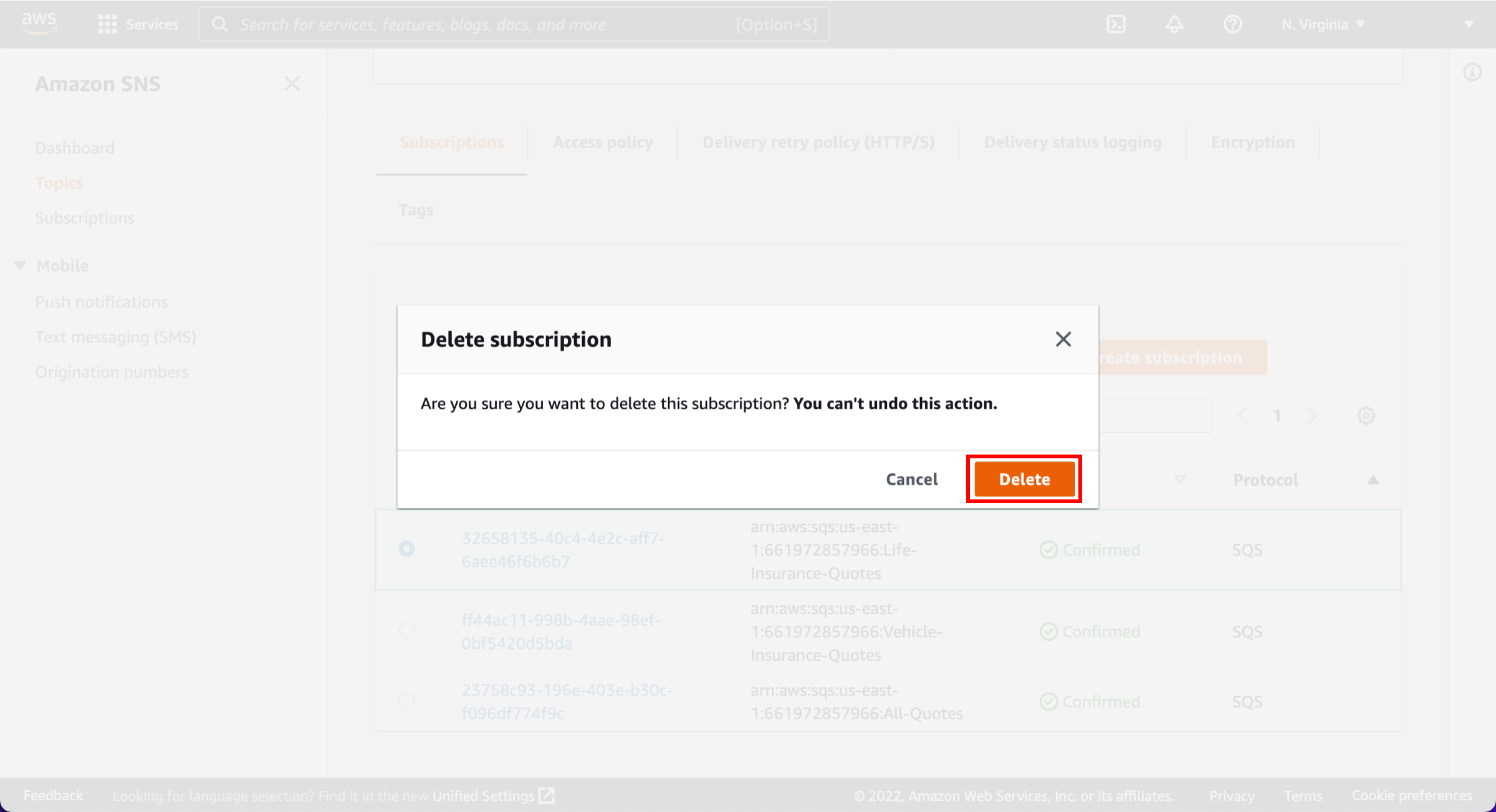 Dialogfeld &bdquo;Delete subscription&ldquo; (Abonnement l&ouml;schen), auf dem die Schaltfl&auml;che &bdquo;Delete&ldquo; (L&ouml;schen) hervorgehoben ist.