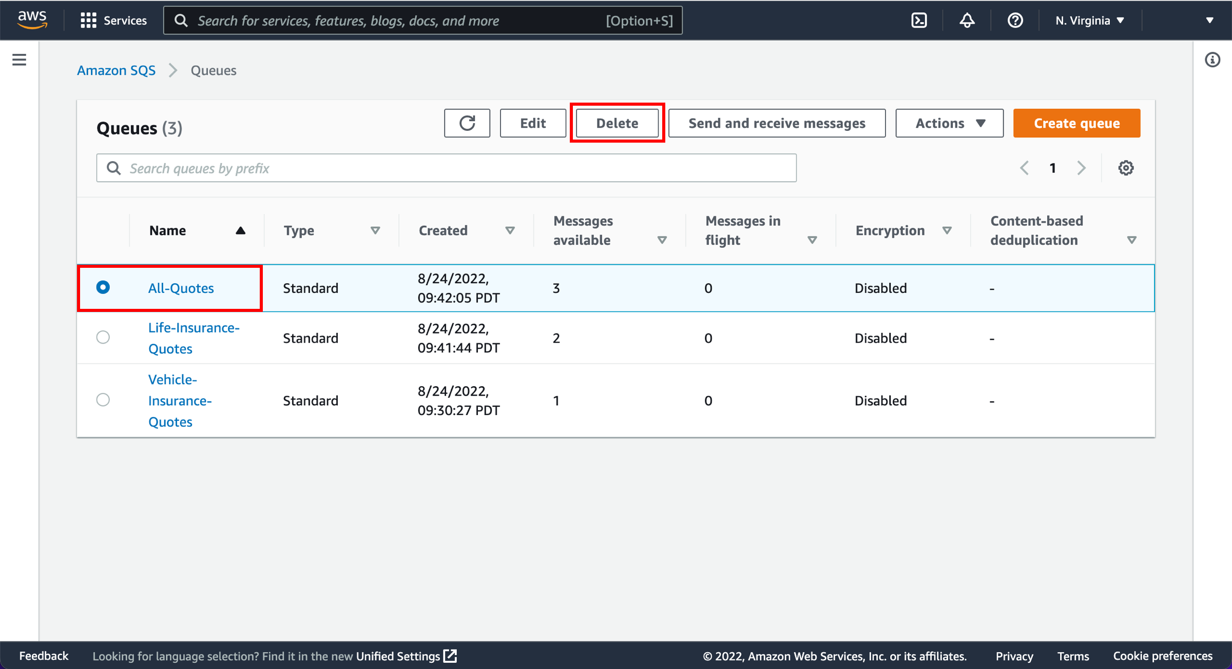 Queues page, with All-Quotes queue and Delete button highlighted.