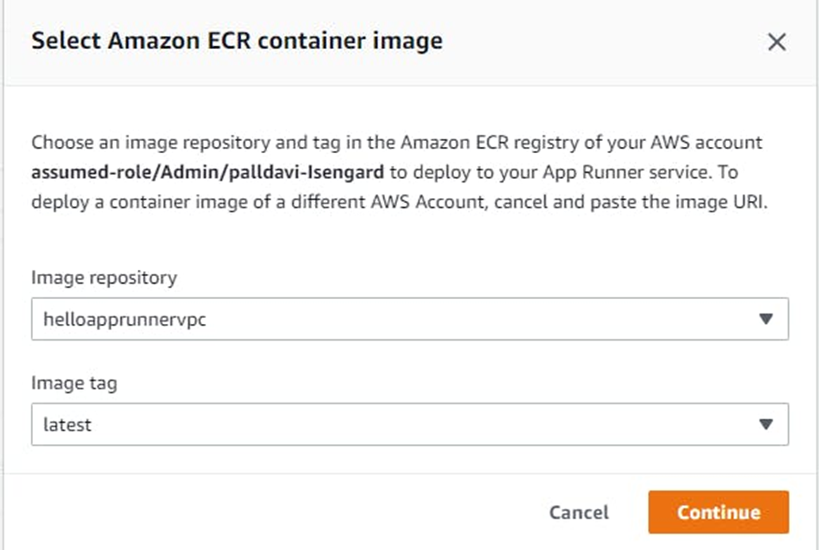 seleccione la imagen del contenedor de amazon ecr