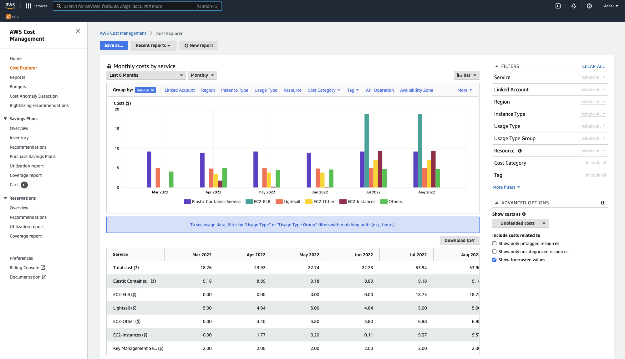 AWS Cost Explorer showing a sample monthly spend