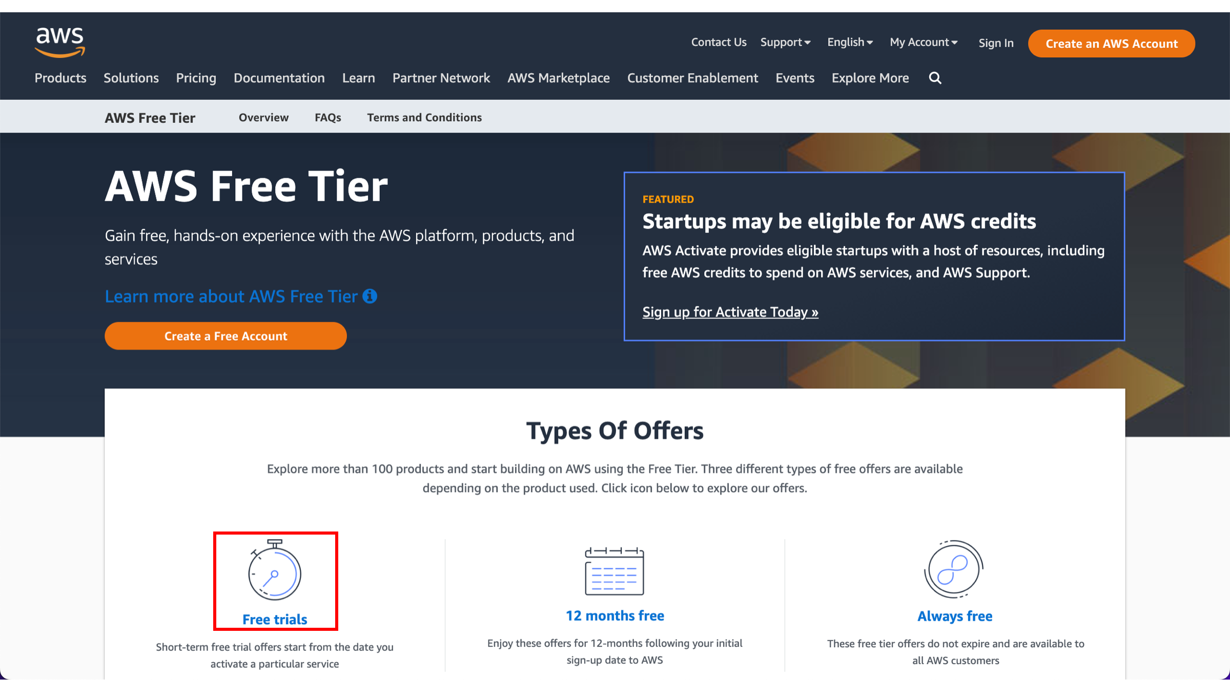 AWS Free Tier homepage, with the Free trials link highlighted.