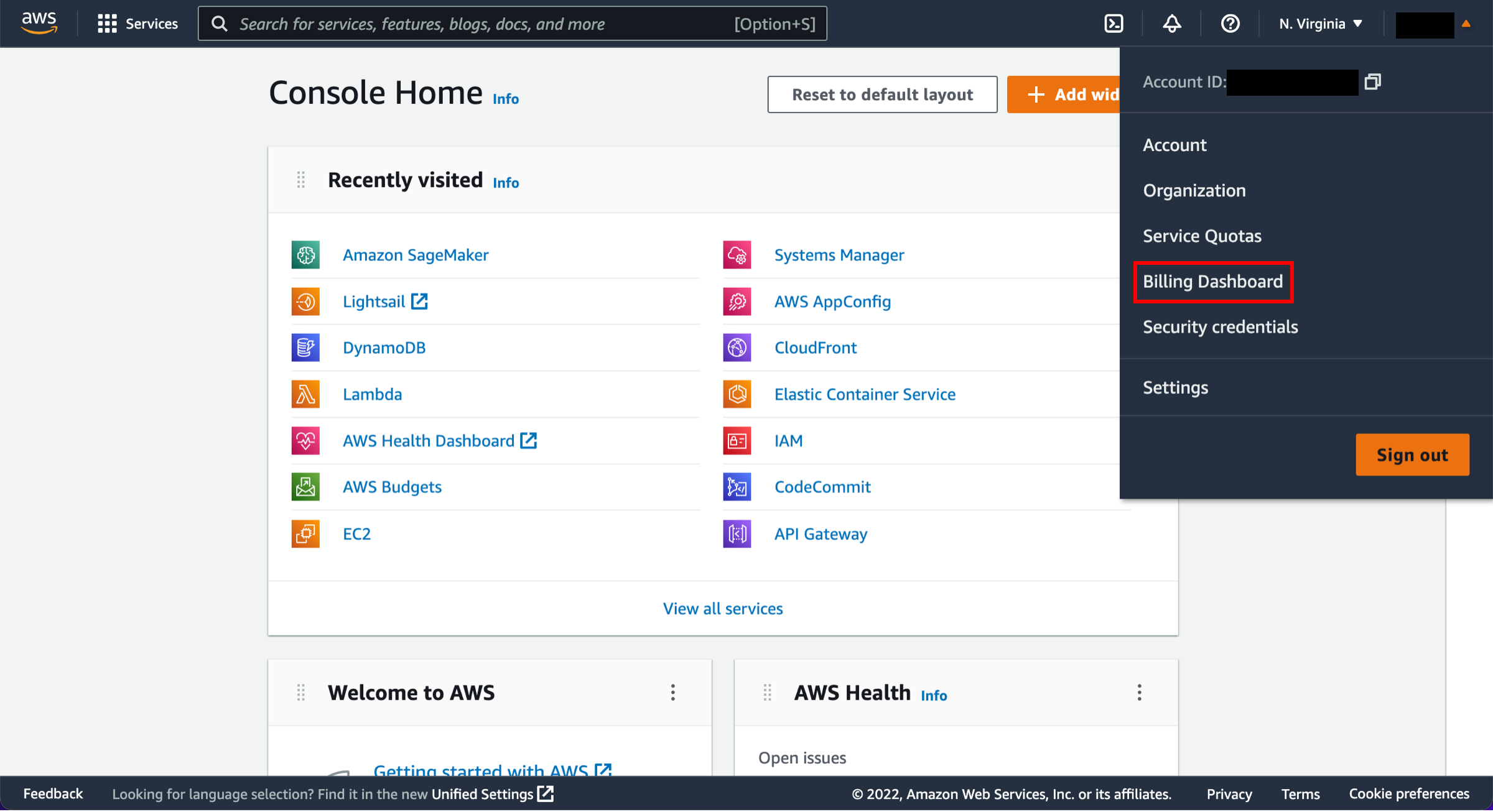 AWS Console 首頁，其中帳戶下拉清單顯示已選取「帳單儀表板」。