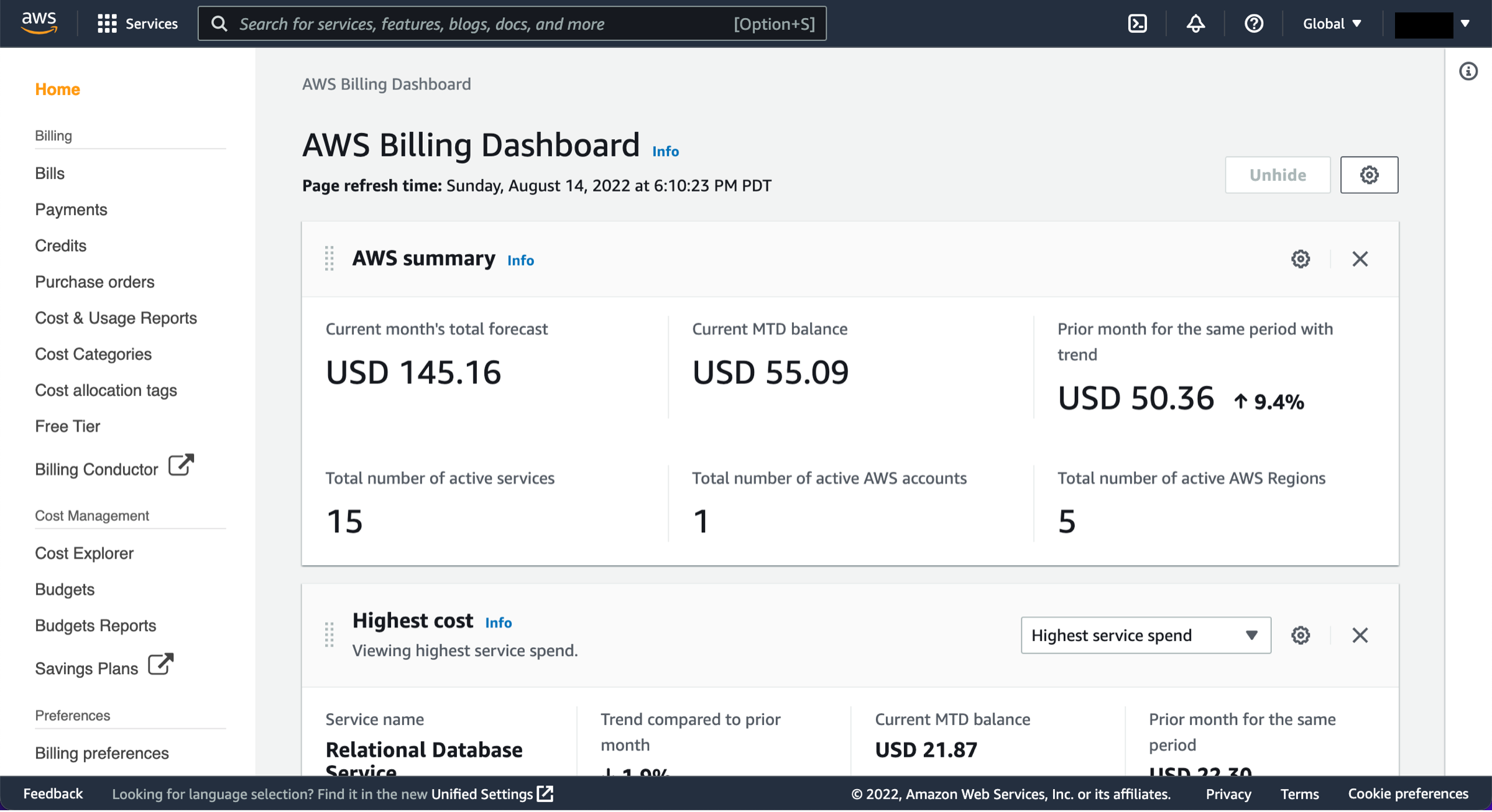 P&aacute;gina del Panel de facturaci&oacute;n de AWS que muestra los detalles en la secci&oacute;n Resumen de AWS.