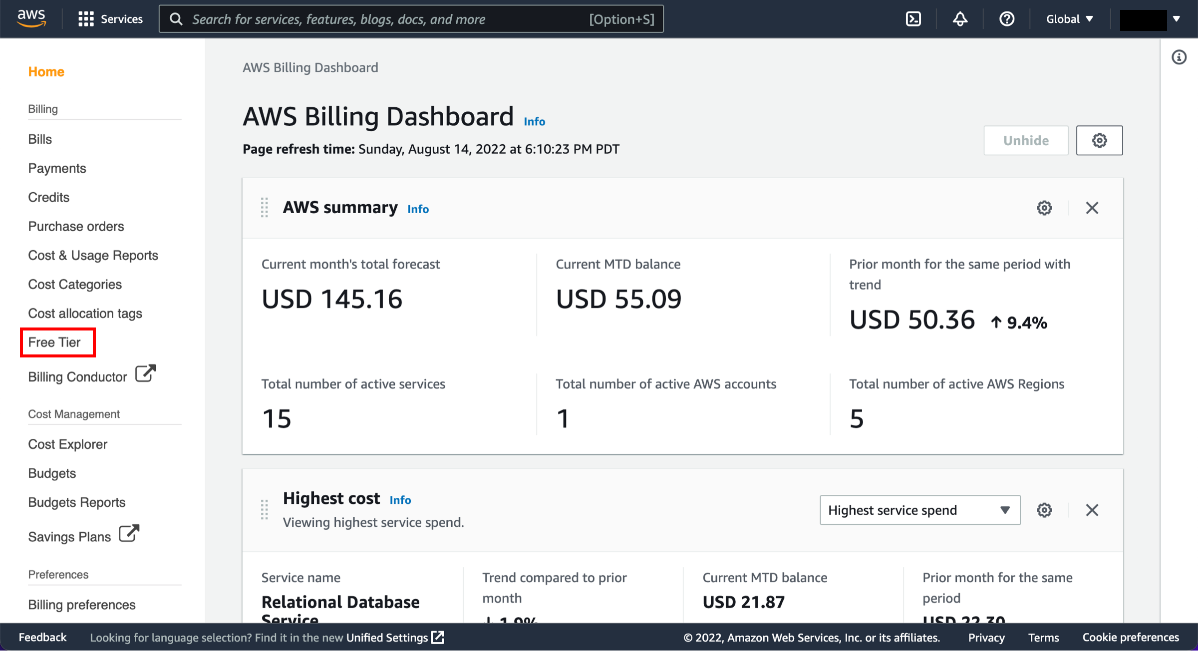 &ldquo;AWS 账单控制面板&rdquo;页面，在导航窗格中突出显示 Free Tier。