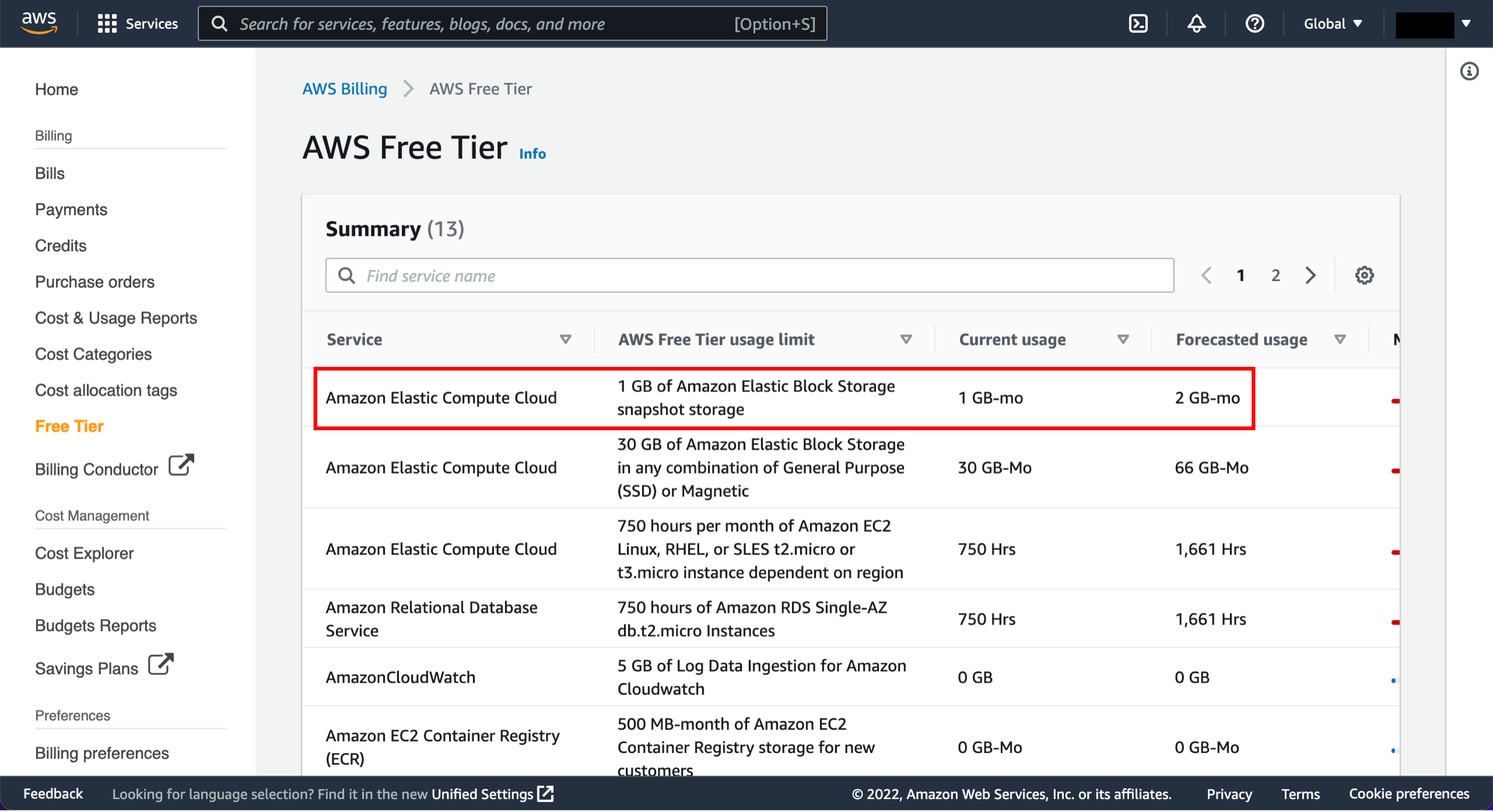 Pagina del Piano gratuito AWS che evidenzia l'utilizzo di EC2 nella sezione Riepilogo.