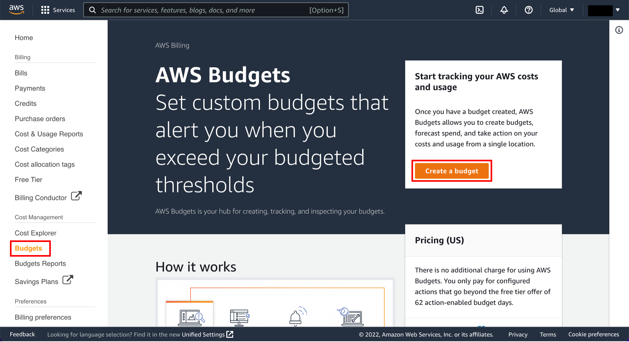 AWS Budgets コンソールページ。[Create a budget] (予算の作成) ボタンが強調表示されています。